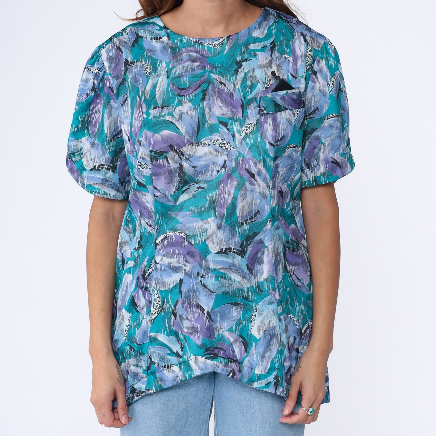 80s Abstract Floral Shirt Turquoise Purple Pocket Blouse Princess Seam Large L