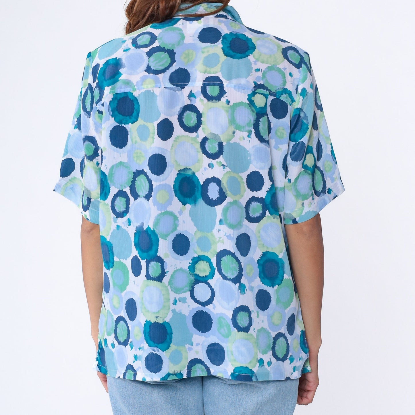 90s Donnkenny Geometric Watercolor Print Button-Up Blouse Blue Extra Large