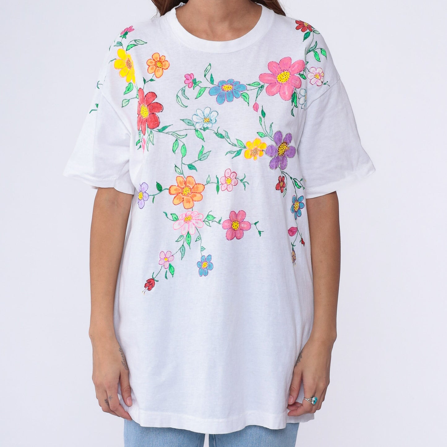 90s Fruit of the Loom Floral Hand Painted T-Shirt White Glitter Cotton Extra Large