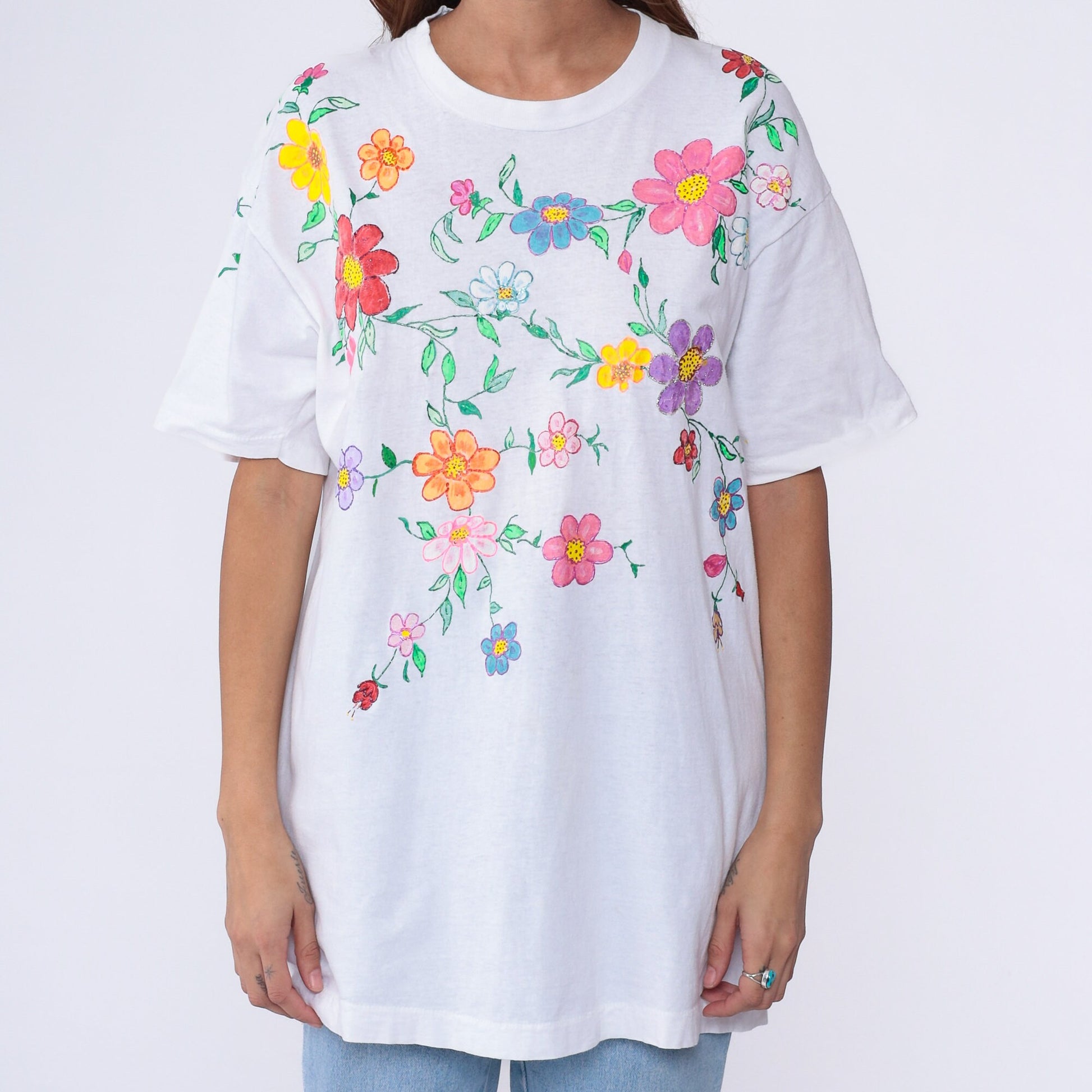 90s Fruit of the Loom Floral Hand Painted T-Shirt White Glitter Cotton Extra Large