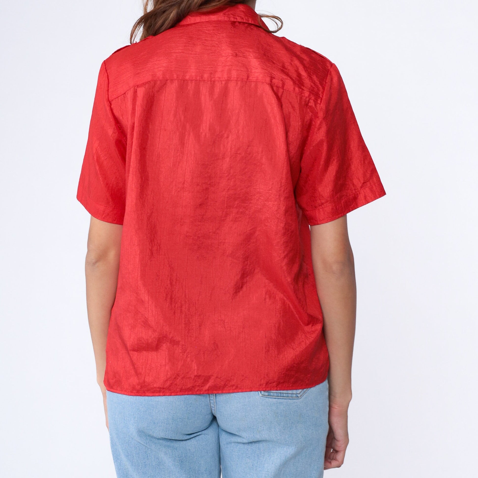 90s Red Shiny Button Up Blouse Gold Buttons Shoulder Epaulettes Medium Large