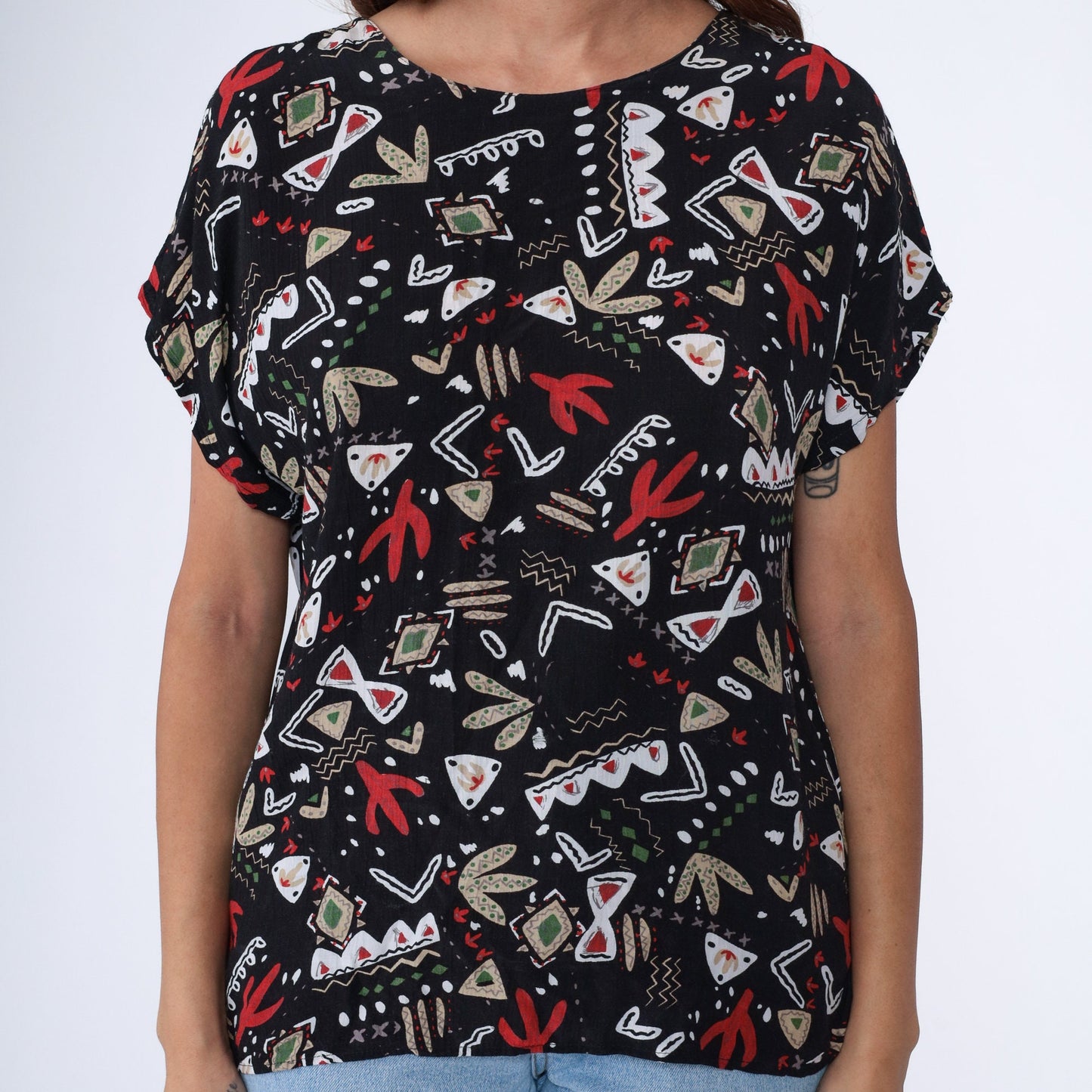90s Black Saguaro Cactus All Over Print Shirt Southwest Geometric Large