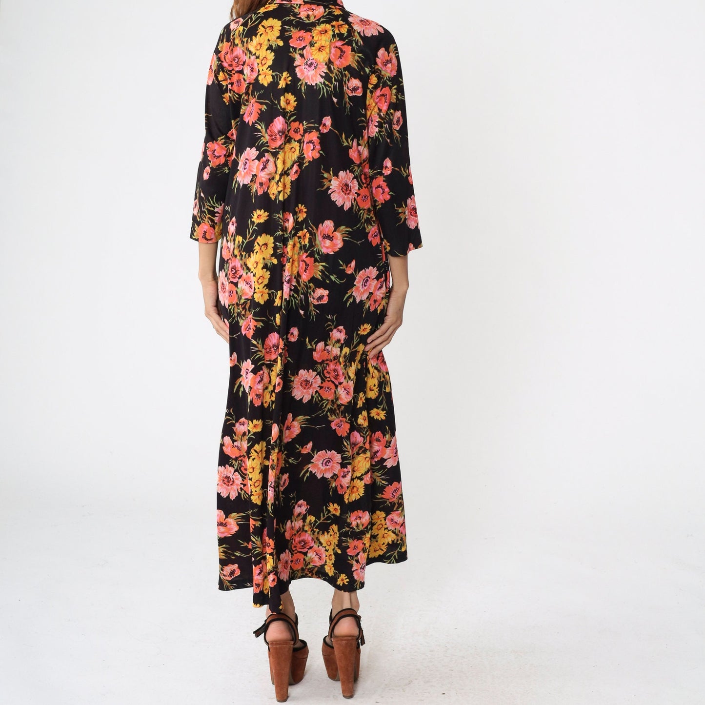 70s Black Floral Maxi Nightgown Zip Front 3/4 Sleeve Loungewear Large