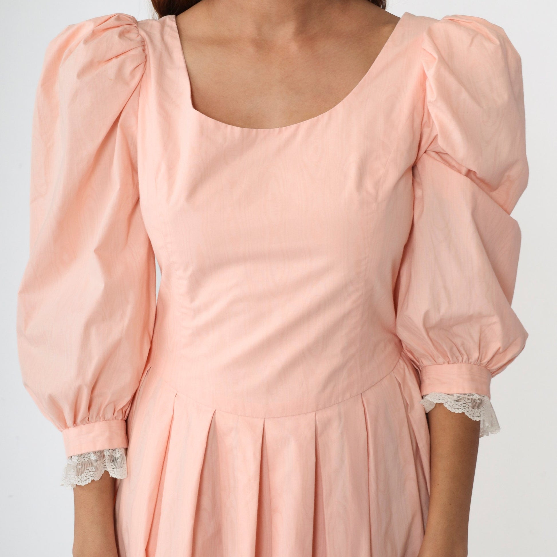 80s Baby Pink Puff Sleeve Midi Dress Lace Trim Pleated Scoop Back Small