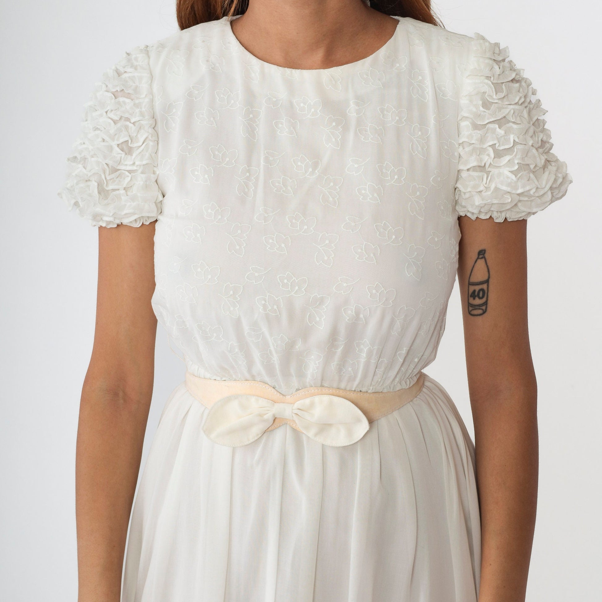80s White Leaf Print Midi Dress Puff Sleeve High Waist Belt Extra Small