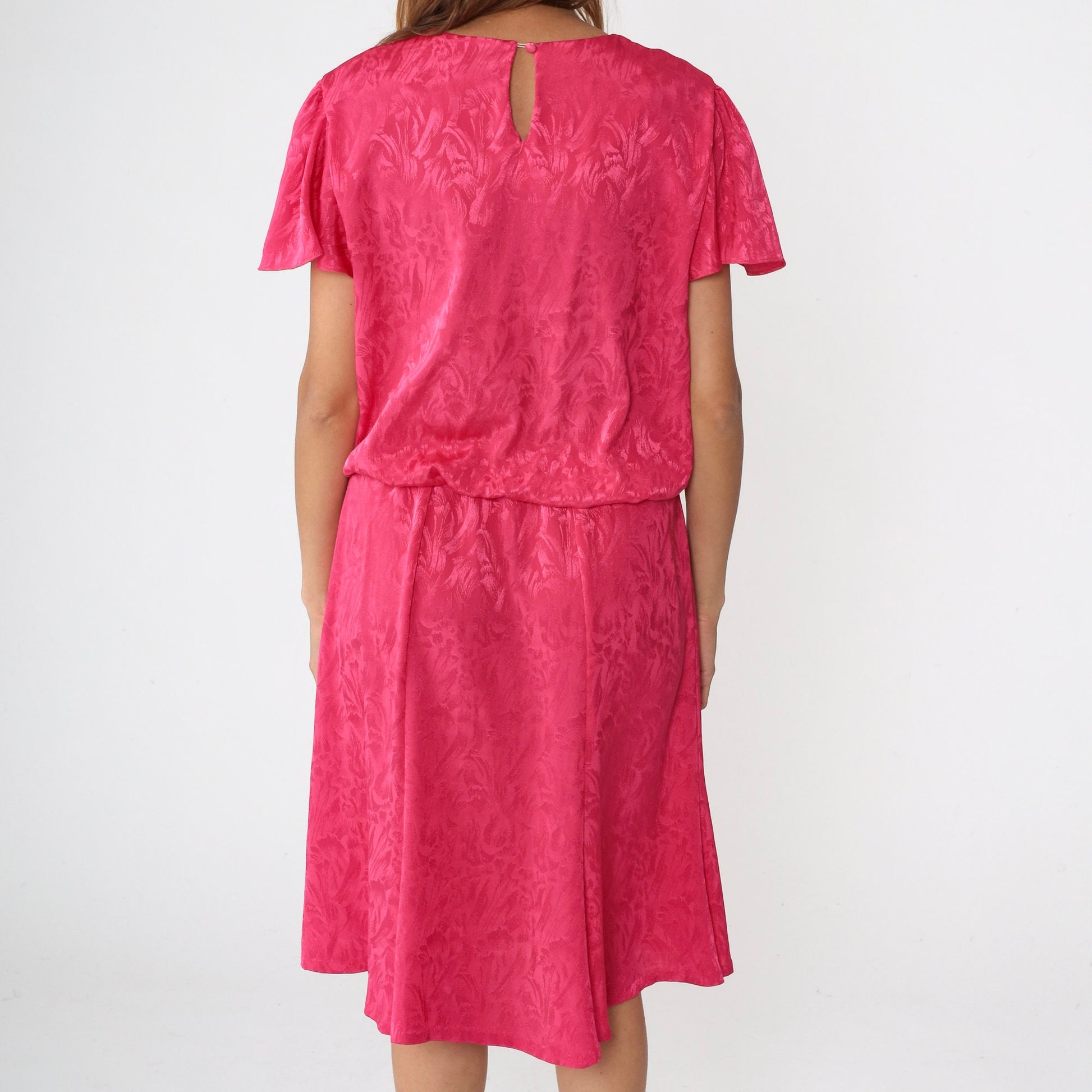 1970s Hot Pink Floral Embossed Midi Dress Flutter Sleeve High Waist Medium