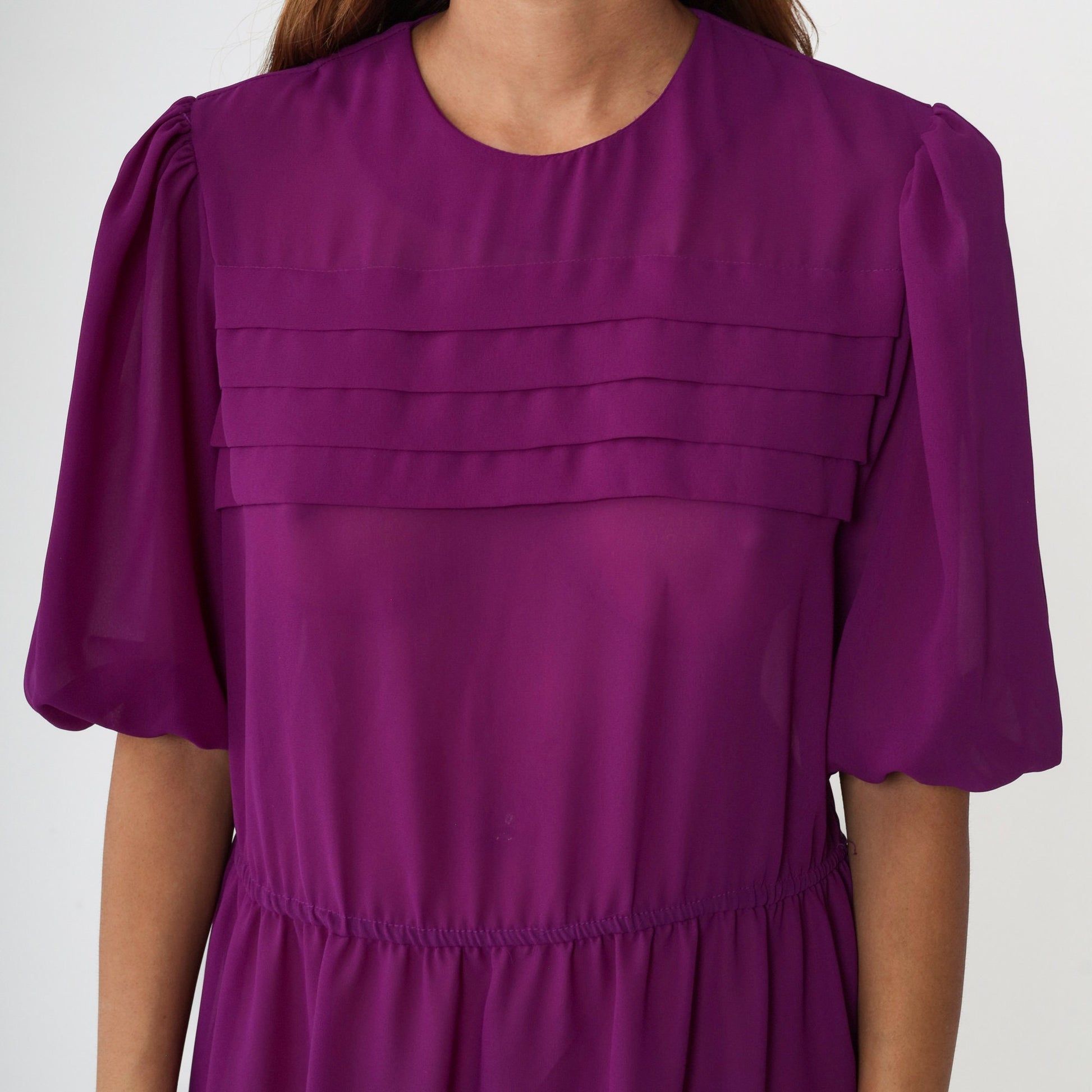 80s Purple Sheer Midi Dress Puff Sleeve Pleated High Waist Keyhole Medium Large