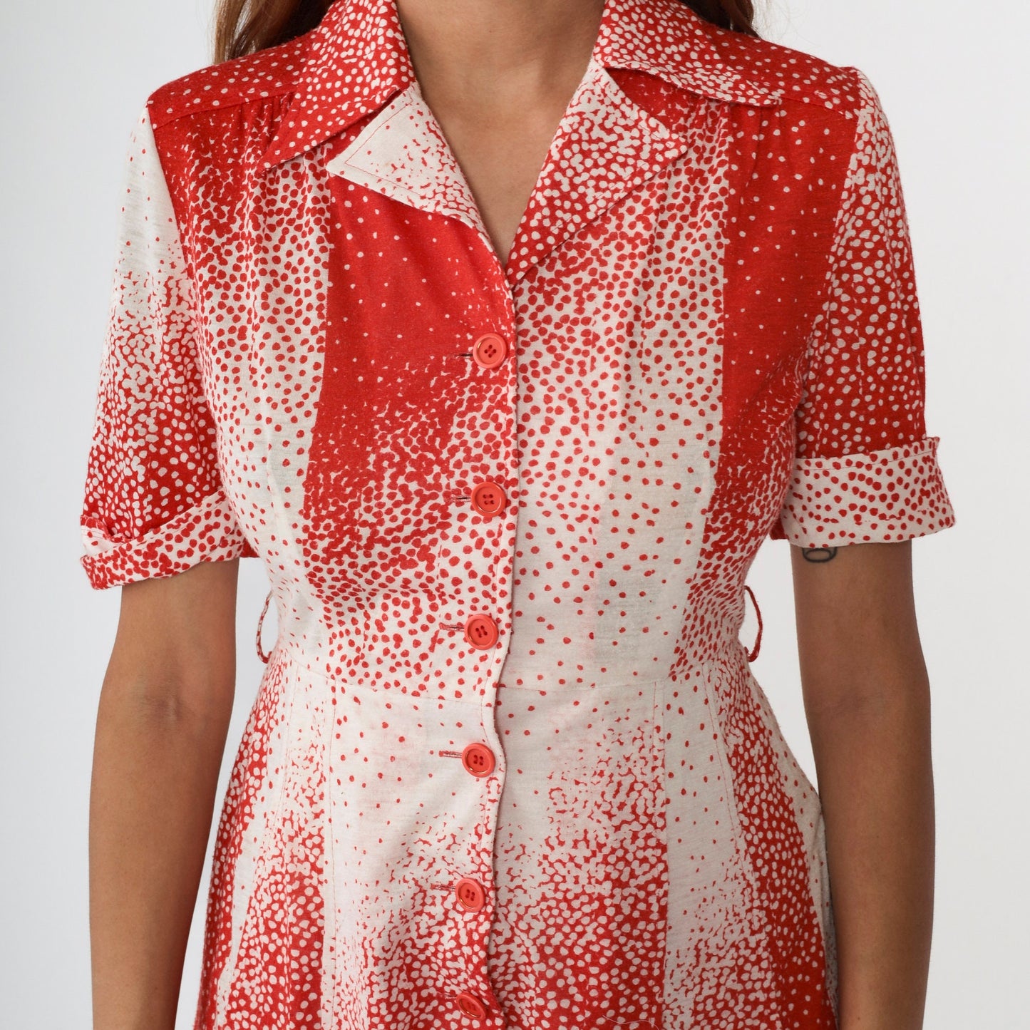 70s Red White Polka Dot Mini Shirtdress High Waisted Button Front Small