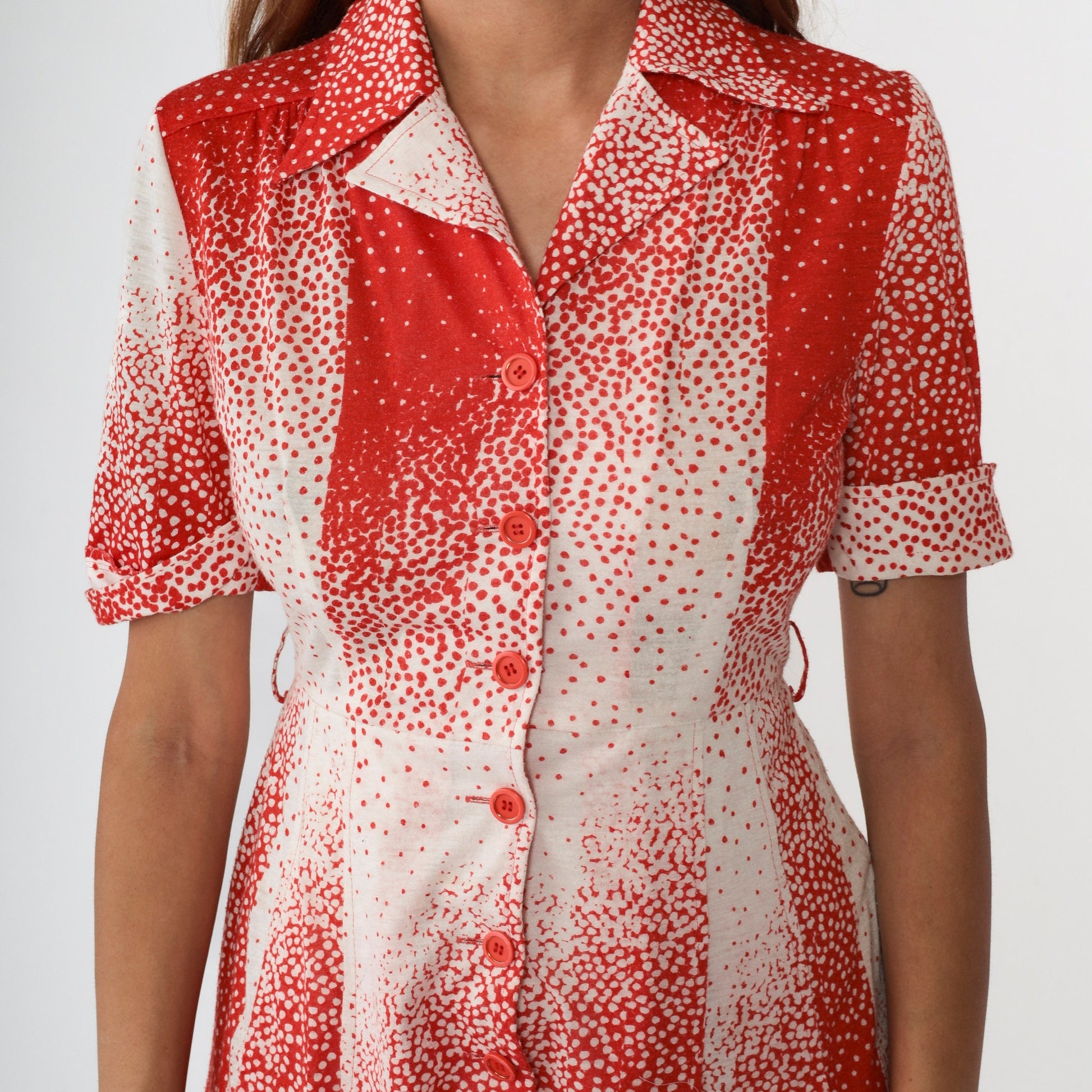 70s Red White Polka Dot Mini Shirtdress High Waisted Button Front Small