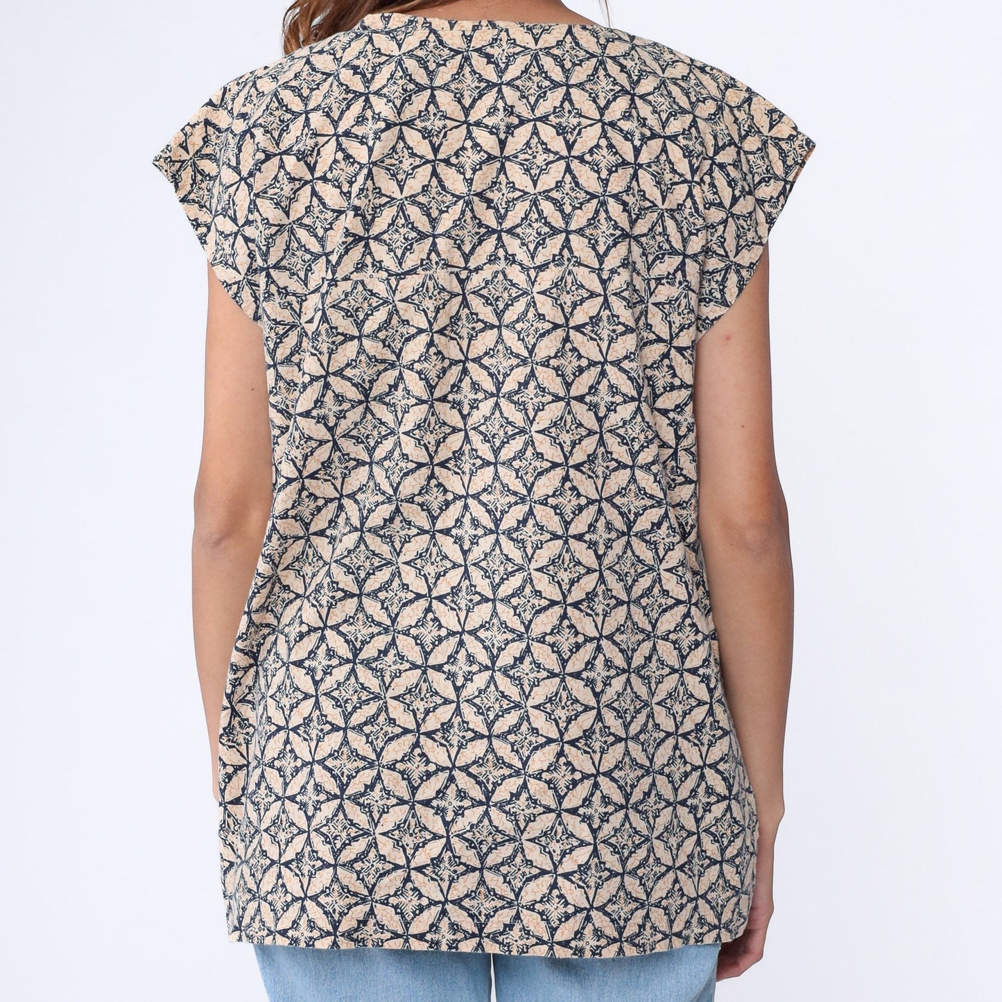 90s Geometric Abstract Button Up Shirt Navy Tunic Top Medium Large