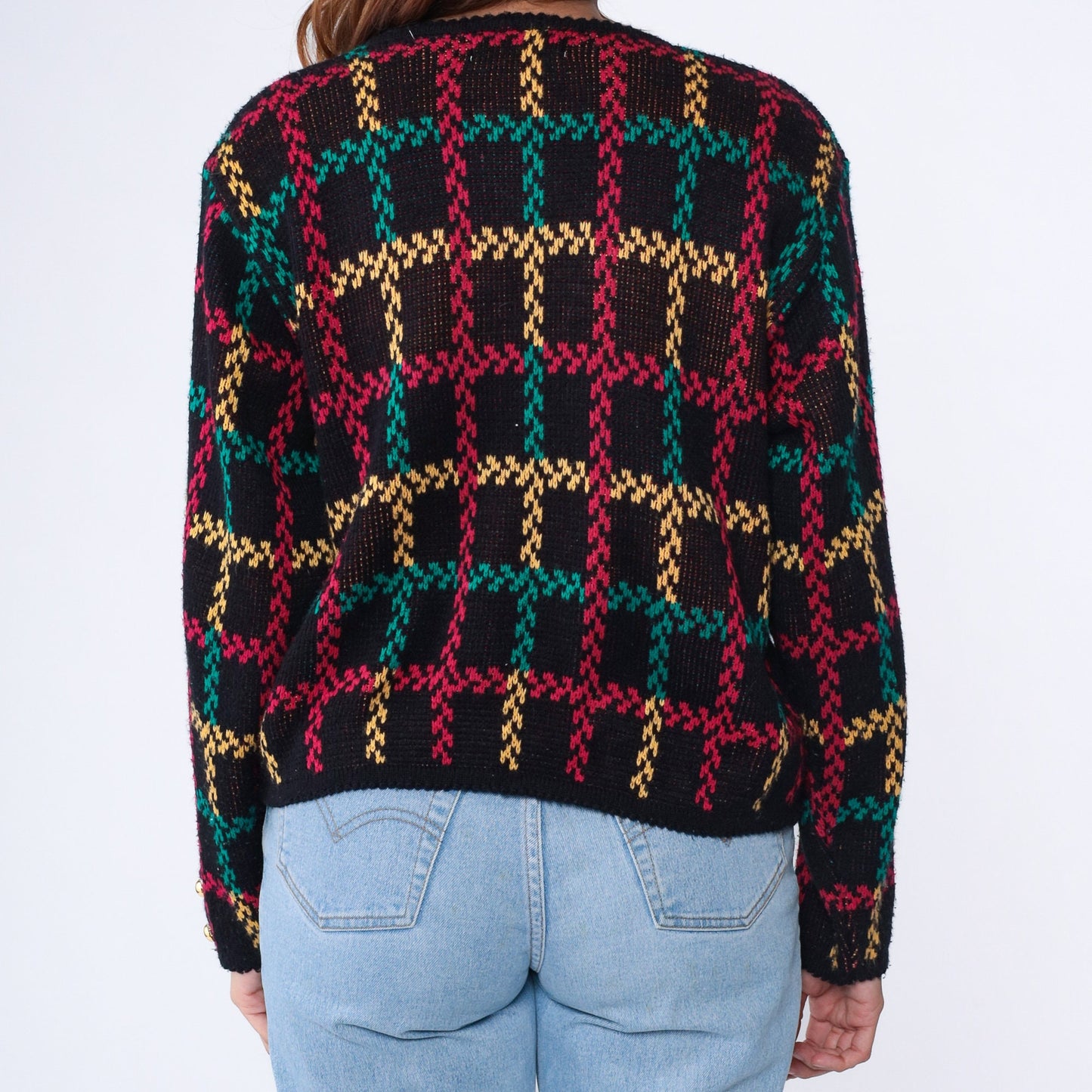 90s Checkered Cardigan Sweater Black Red Green Yellow Gold Button Small