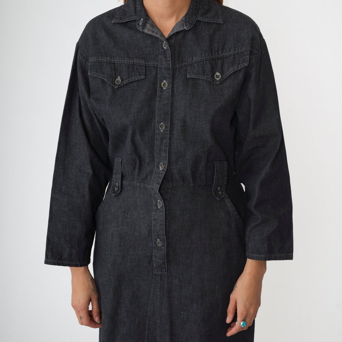 90s Panhandle Slim Black Denim Shirtdress High Waist Midi Button Up Medium