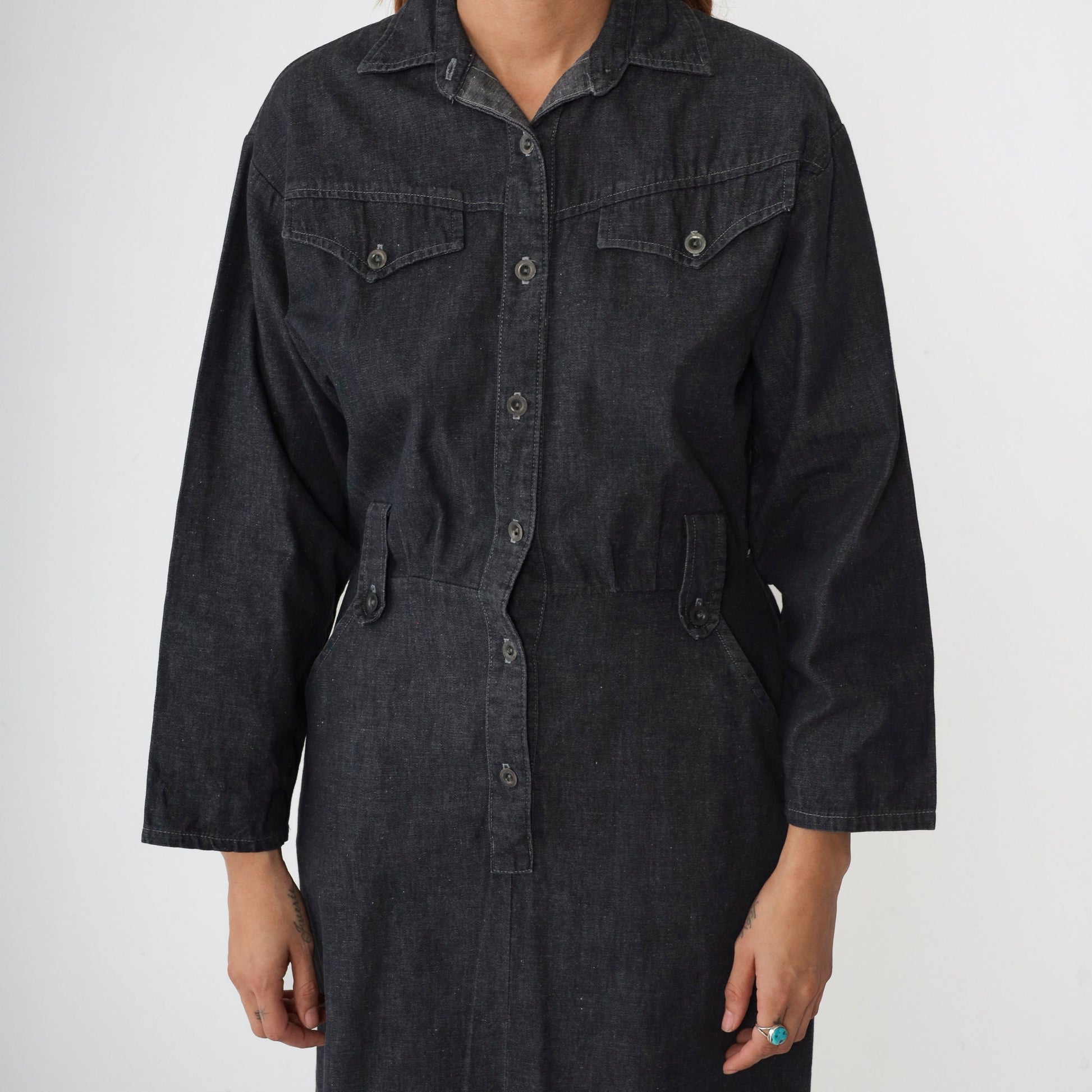90s Panhandle Slim Black Denim Shirtdress High Waist Midi Button Up Medium