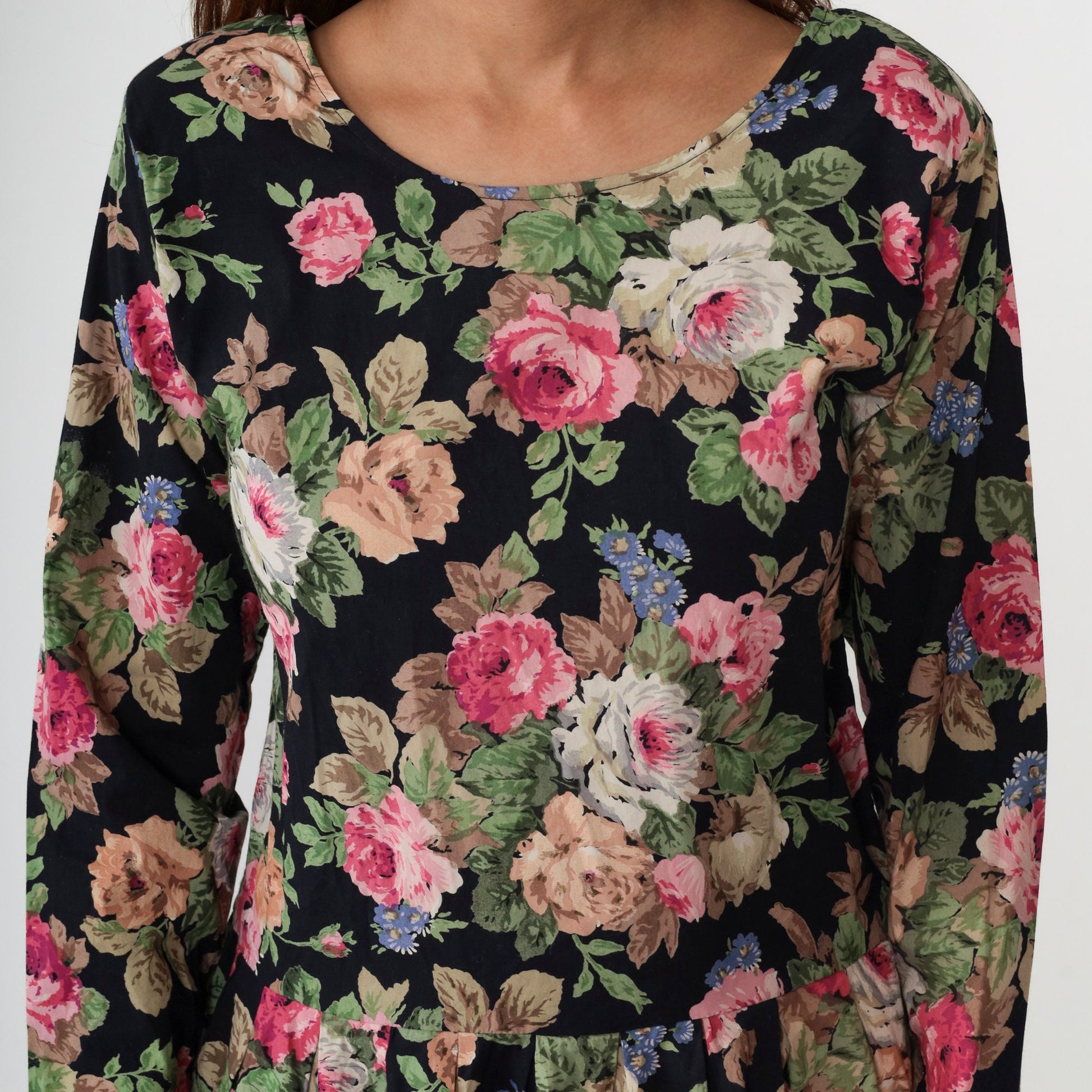 90s Atlas Studio Floral Mini Dress Black Drop Waist Long Sleeve Small S