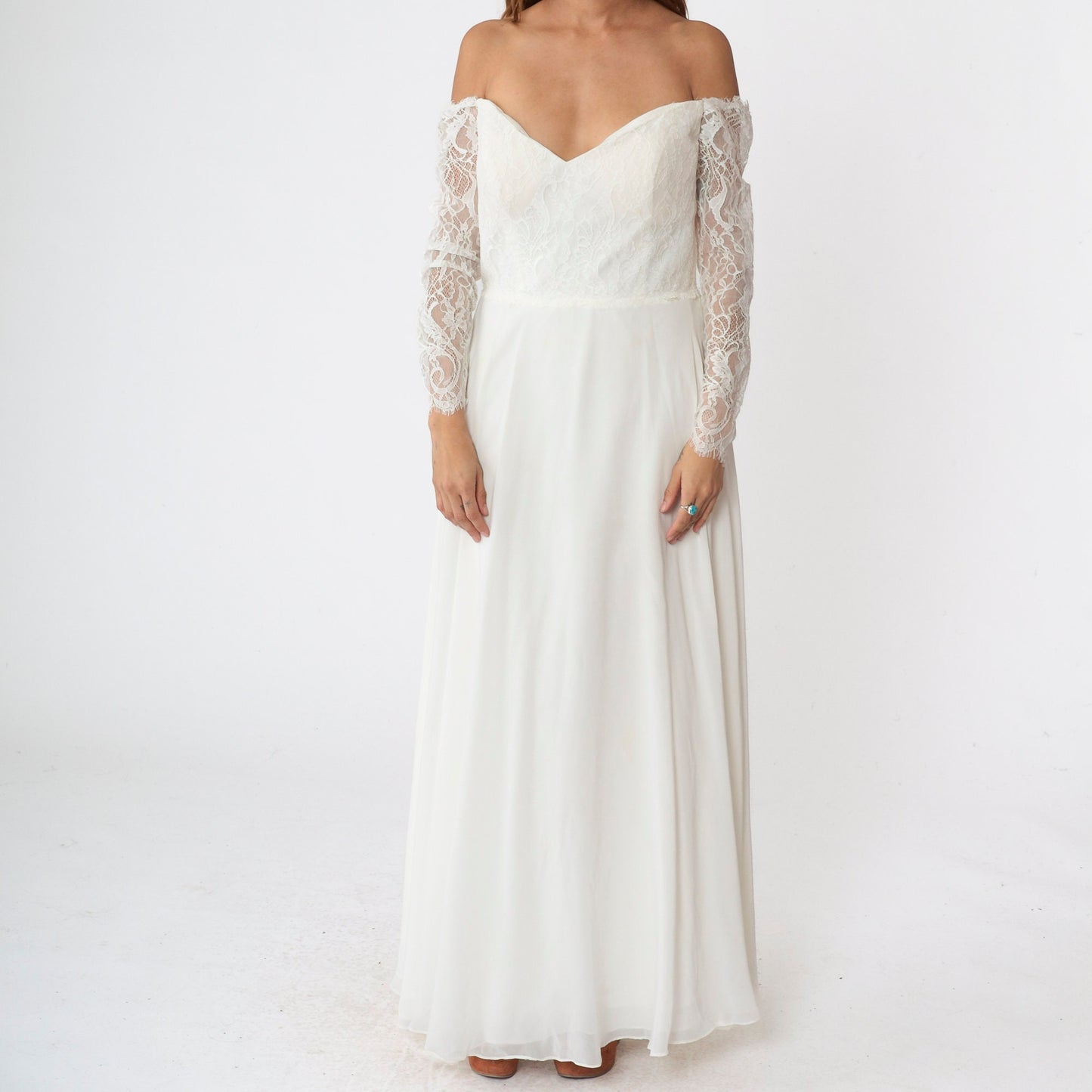 00s Christina Wu Wedding Dress Off-Shoulder Lace Chiffon Maxi White Large 14