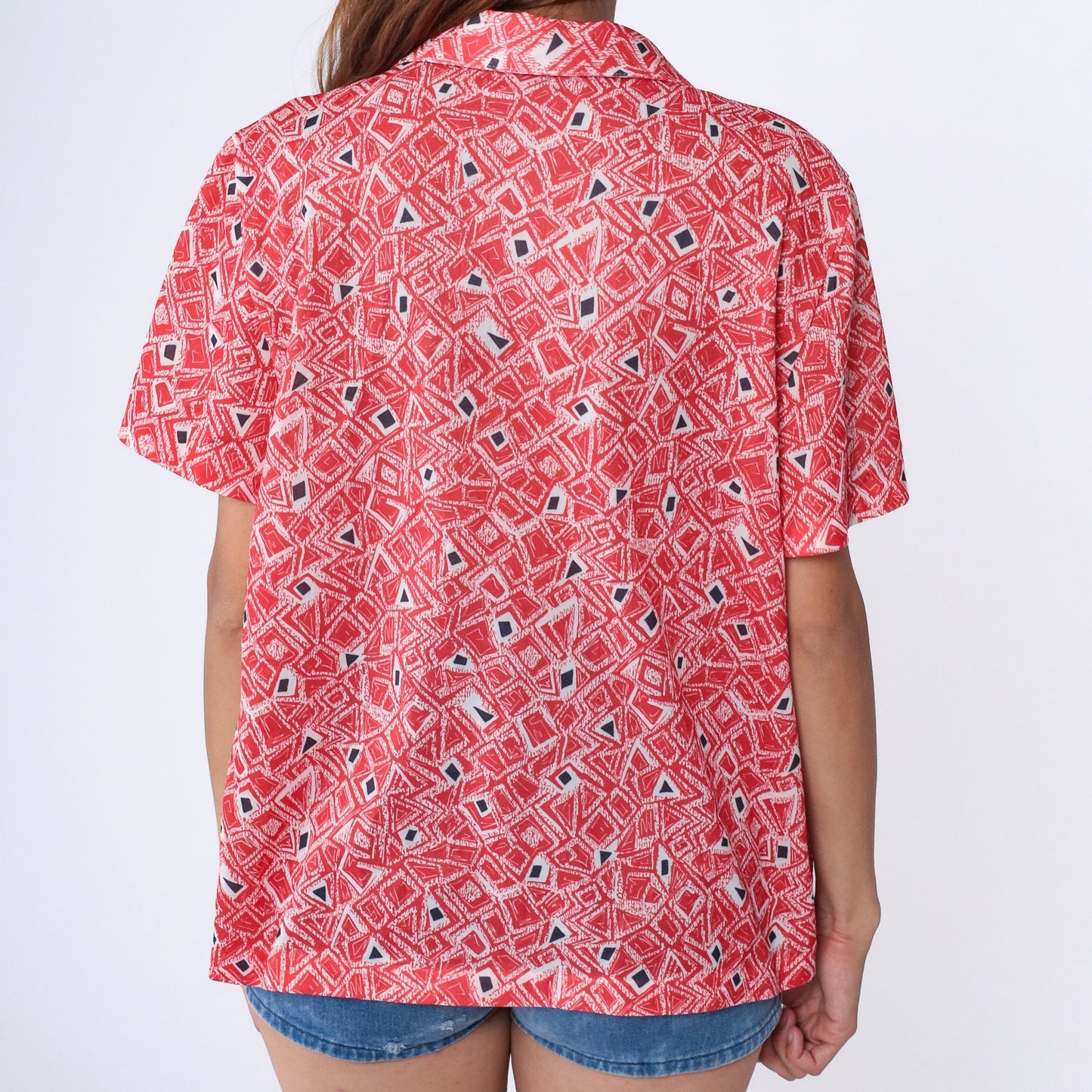 70s Geometric Print Collared Blouse Red White Psychedelic Shirt Extra Large