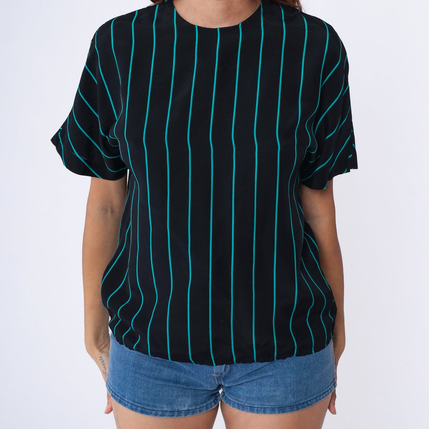 80s Black Striped Rayon Blouse Turquoise Short Sleeve Button Back Medium
