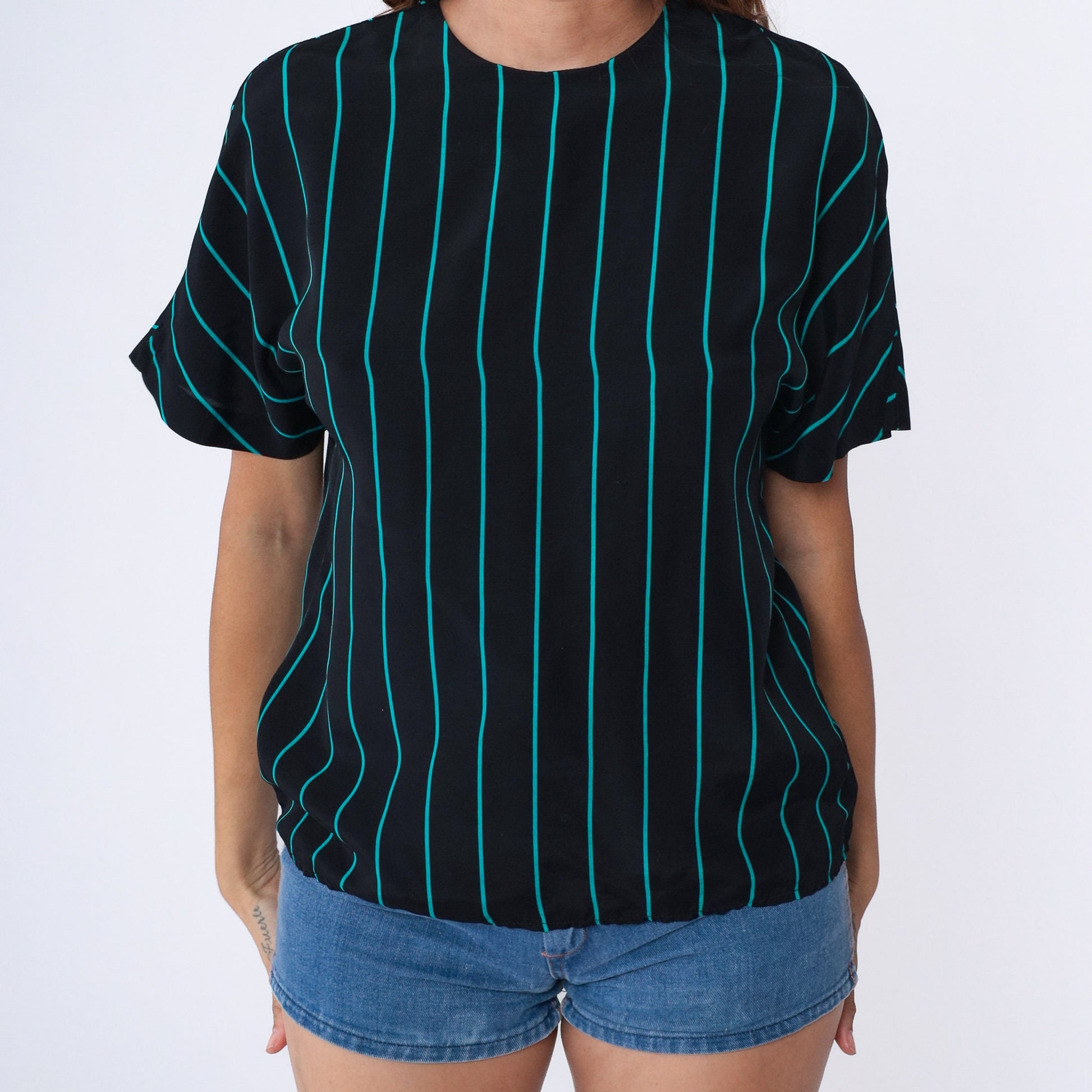 80s Black Striped Rayon Blouse Turquoise Short Sleeve Button Back Medium