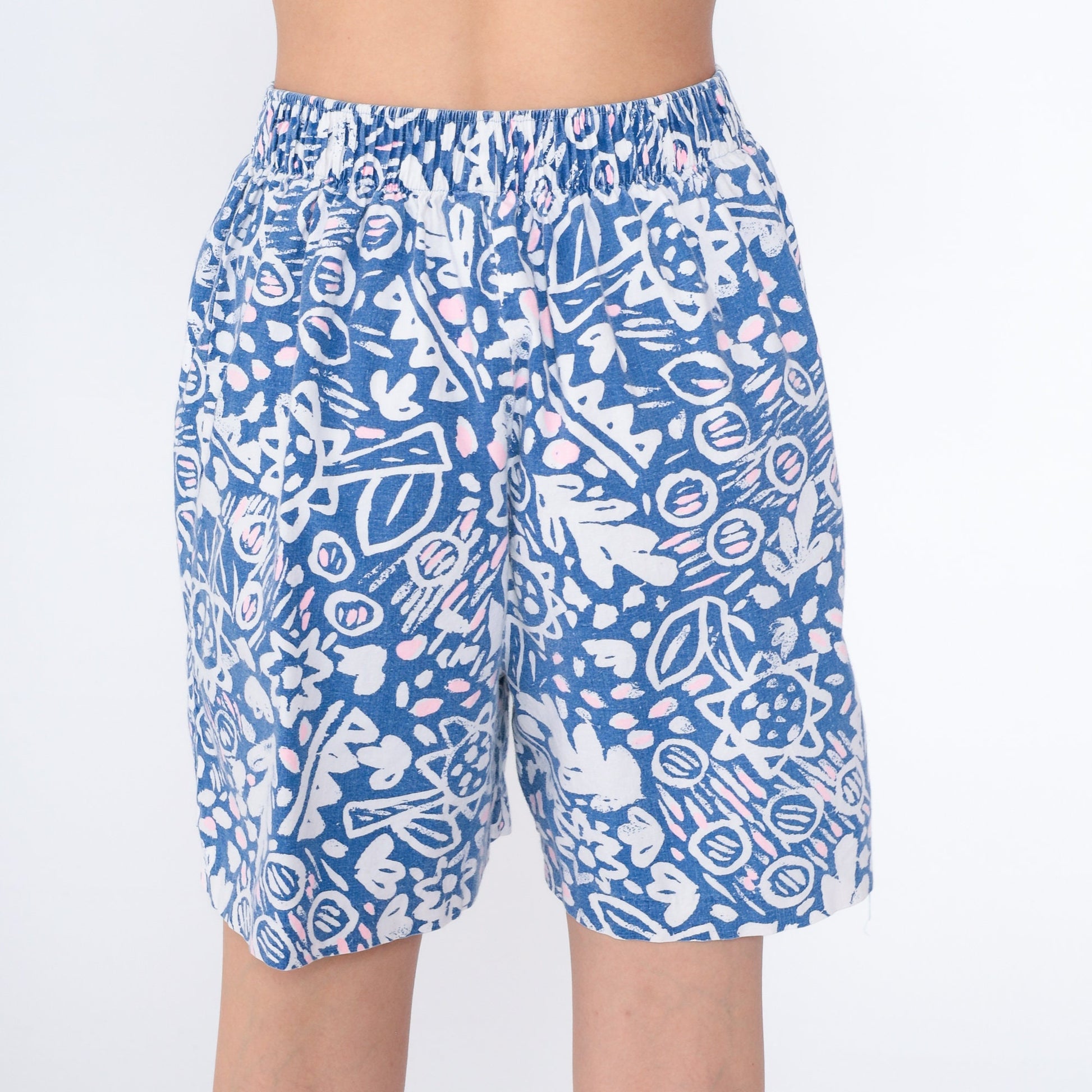 90s Abstract Leaf Floral Print High-Waist Pleated Shorts Cotton Blue White Large