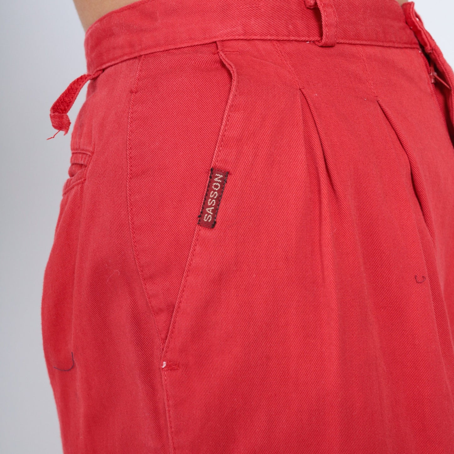 80s Sasson Red Cotton Pleated High-Waisted Tapered Trousers Extra Small