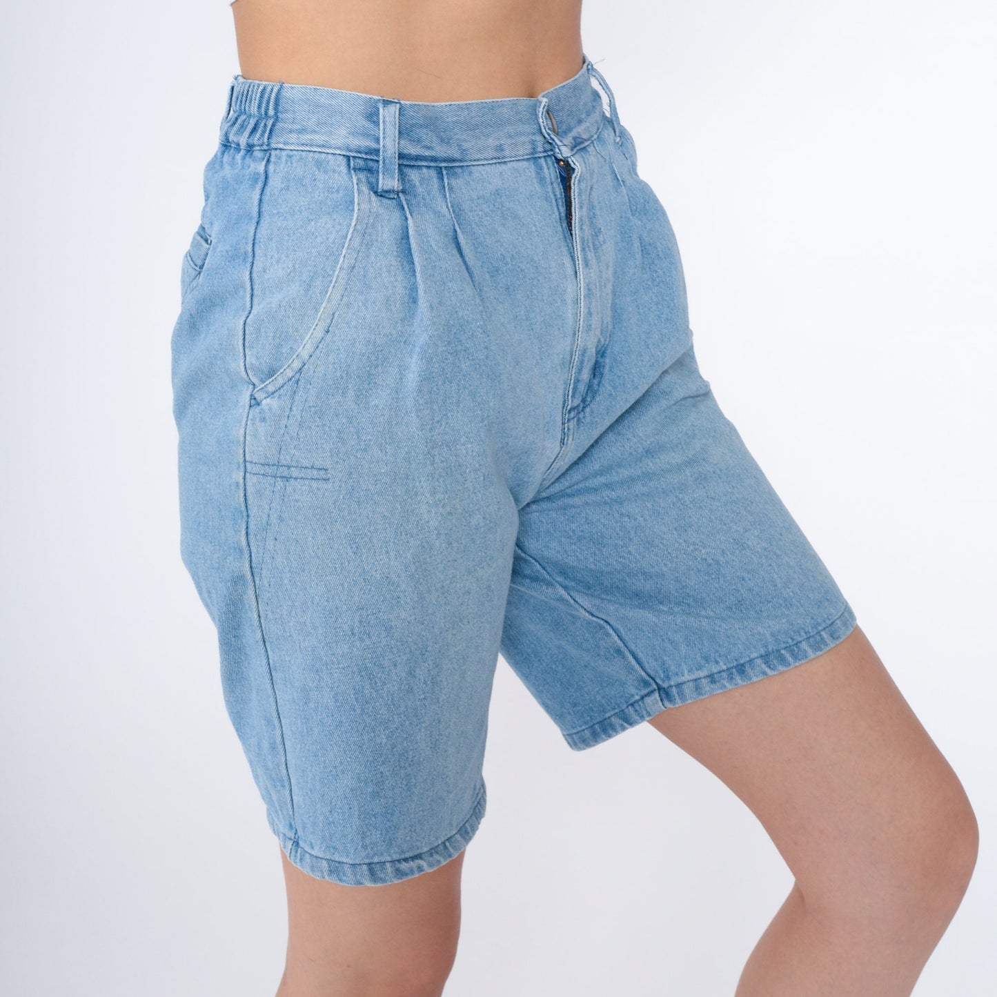 80s Apparatus Pleated Denim Shorts High Waist Knee Length Blue Small