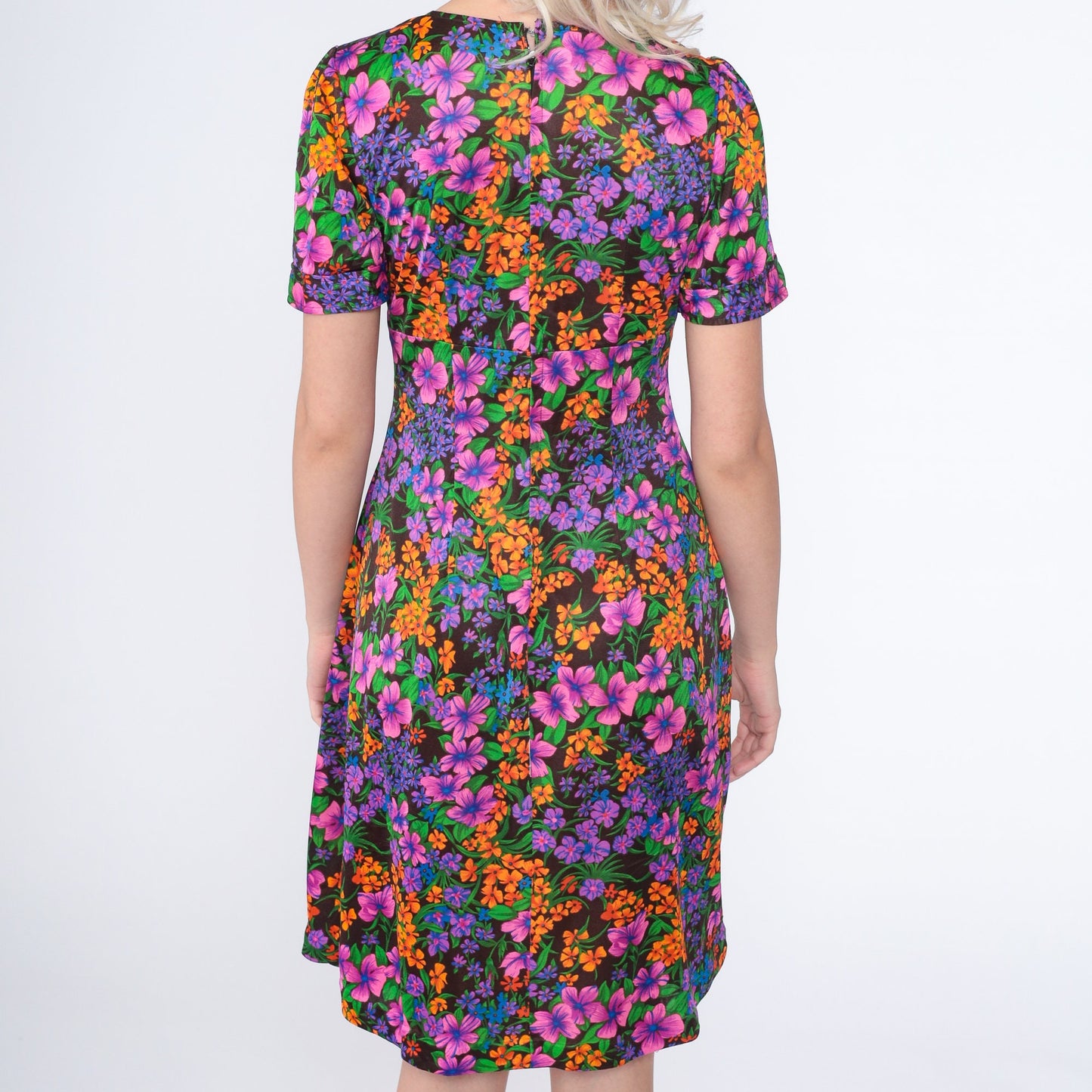 70s Floral Babydoll Mini Dress Empire Waist Button-Up Black Small S