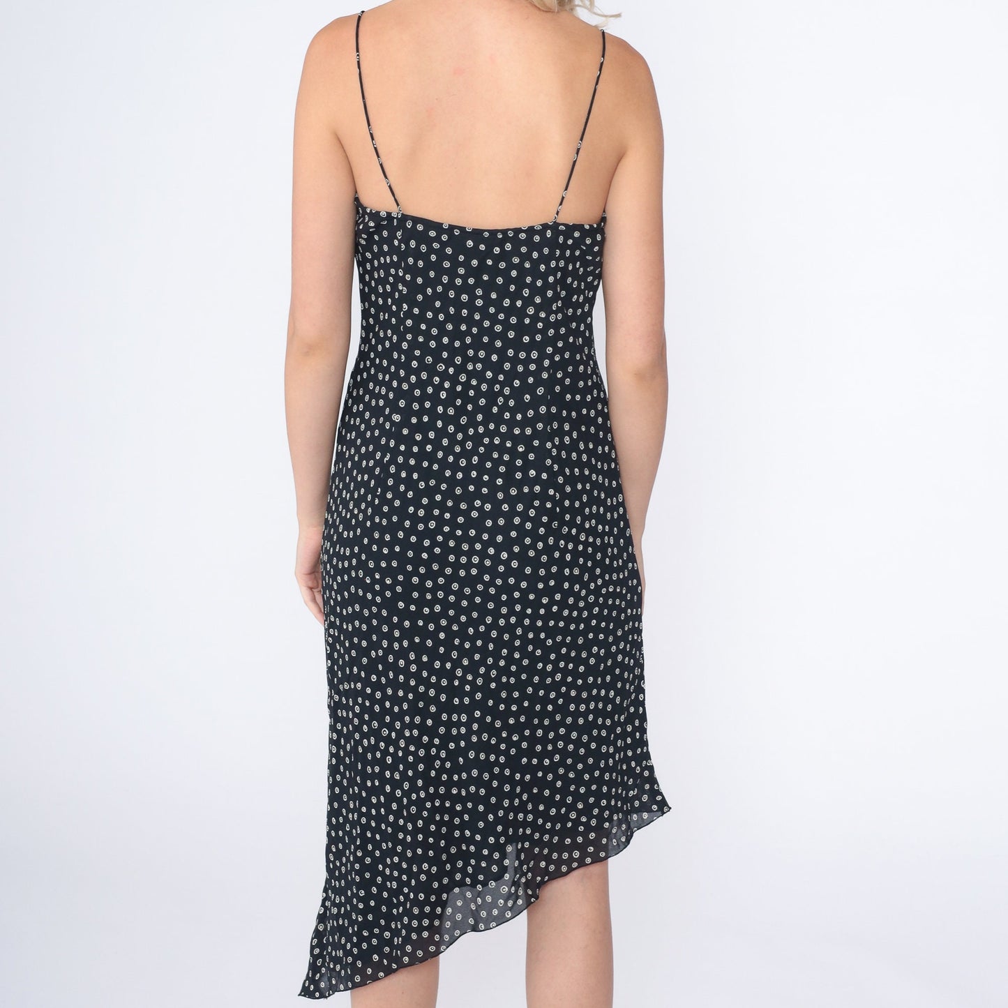 90s Kathy Lee Black White Ring Dot Asymmetrical Midi Dress Cowl Neck Medium
