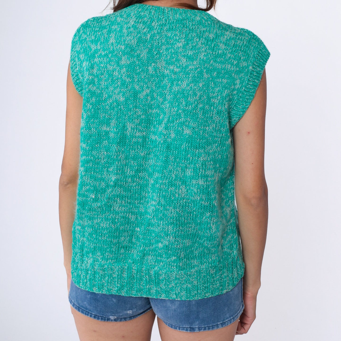 70s Green Knit Sweater Vest V Neck Sleeveless Pullover Large