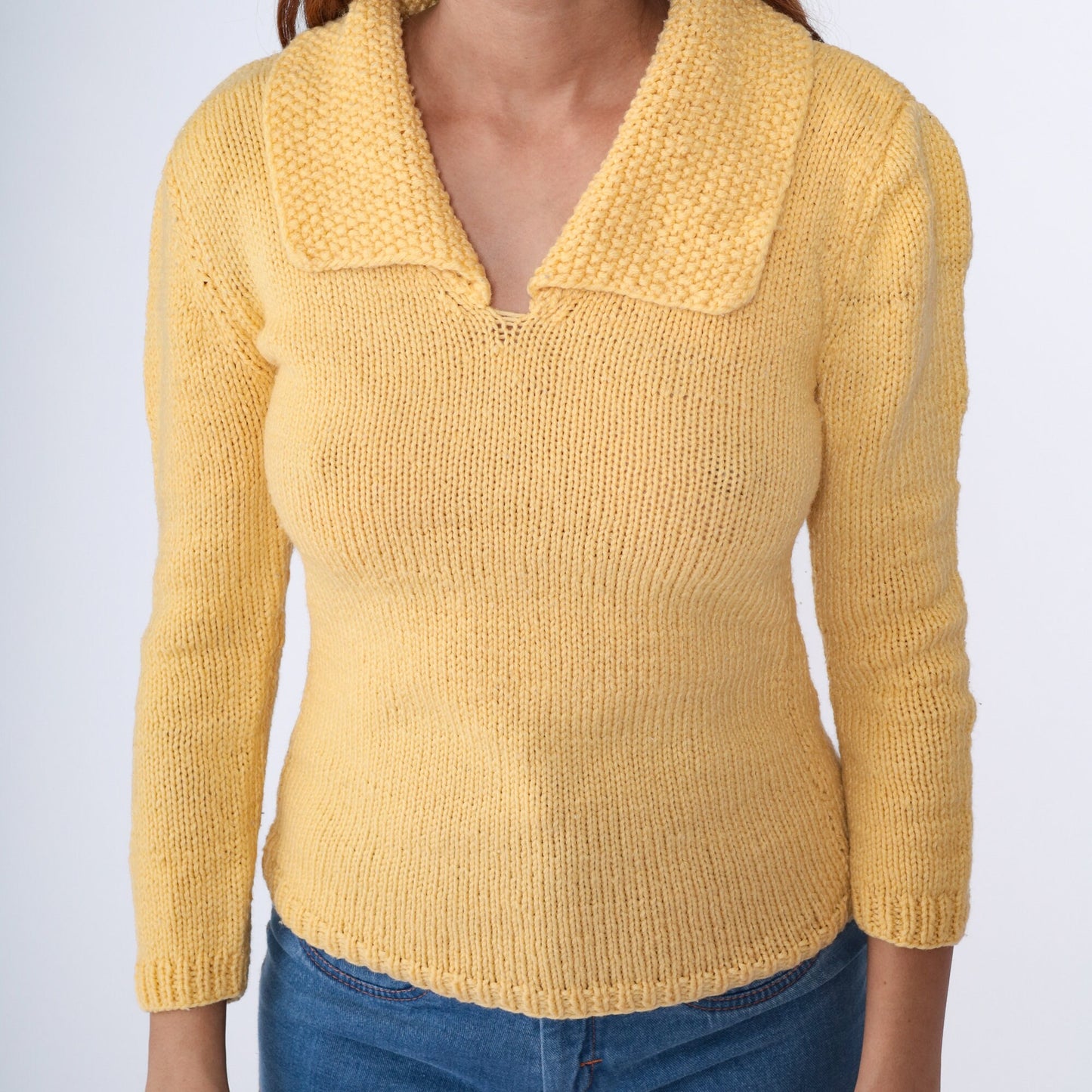 70s Yellow Knit Sweater V-Neck Nubby Collar Pullover Extra Small