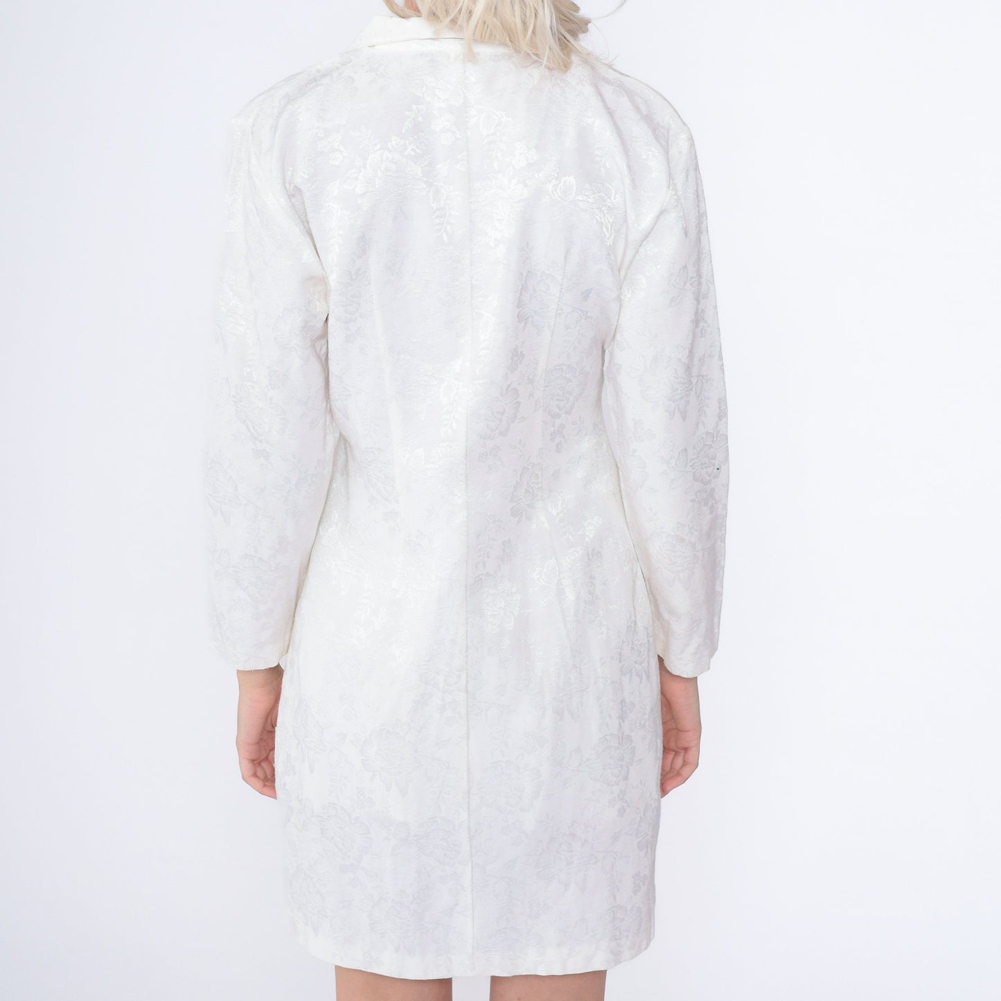 90s Blondie & Me White Floral Embossed Mini Dress Button-Up Long Sleeve Small