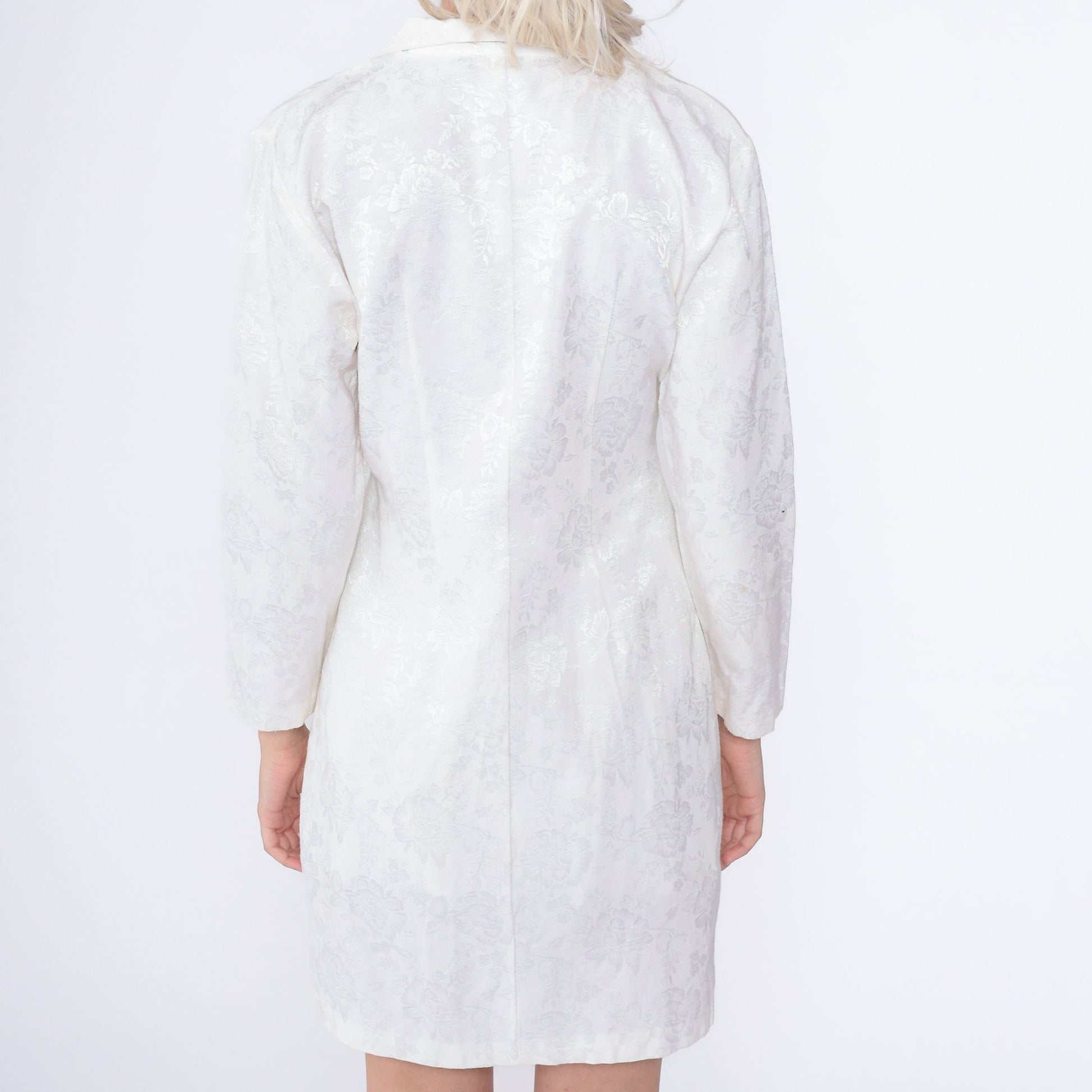90s Blondie & Me White Floral Embossed Mini Dress Button-Up Long Sleeve Small