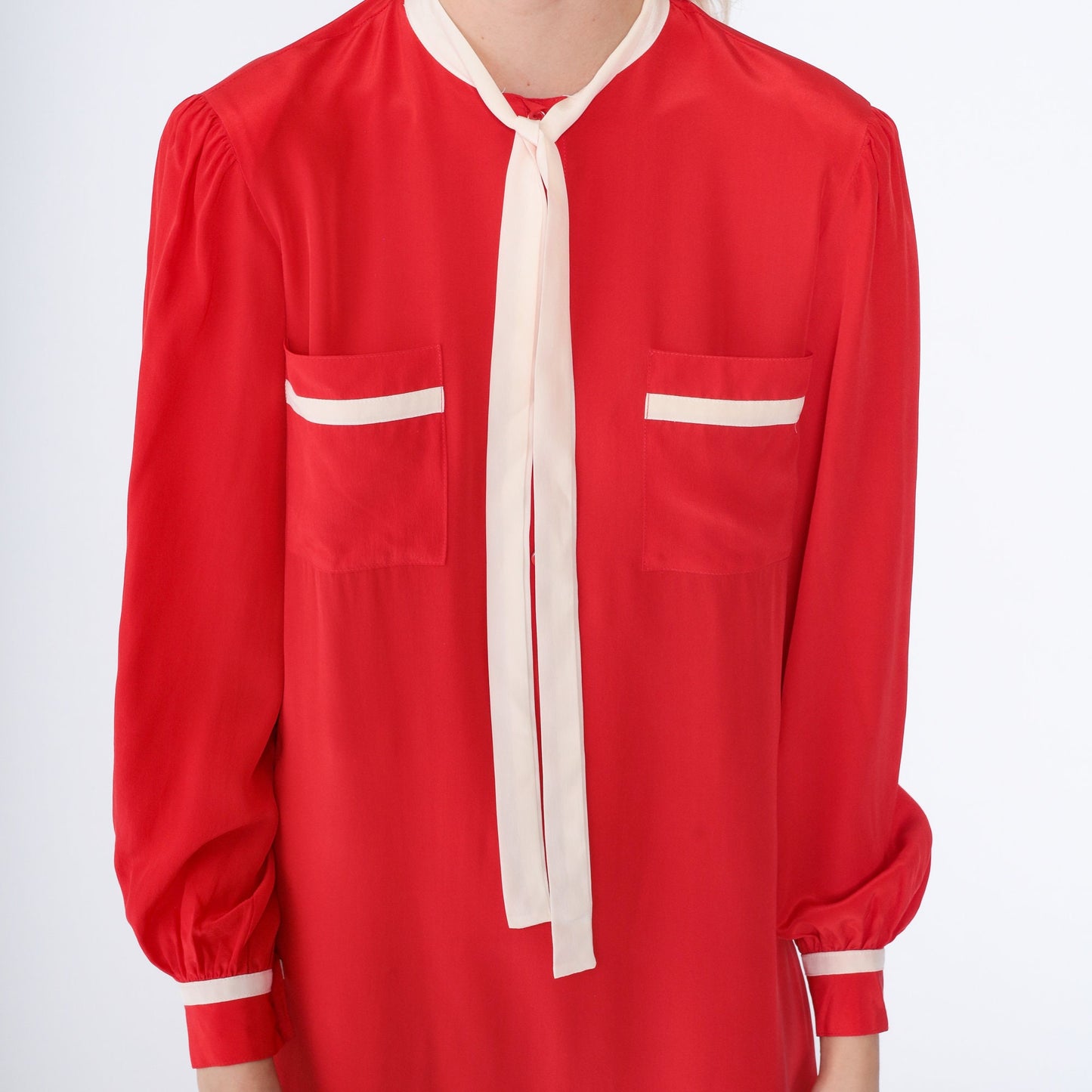 80s Saint Pierre Red Silk Midi Dress Necktie Long Sleeve White Trim Small