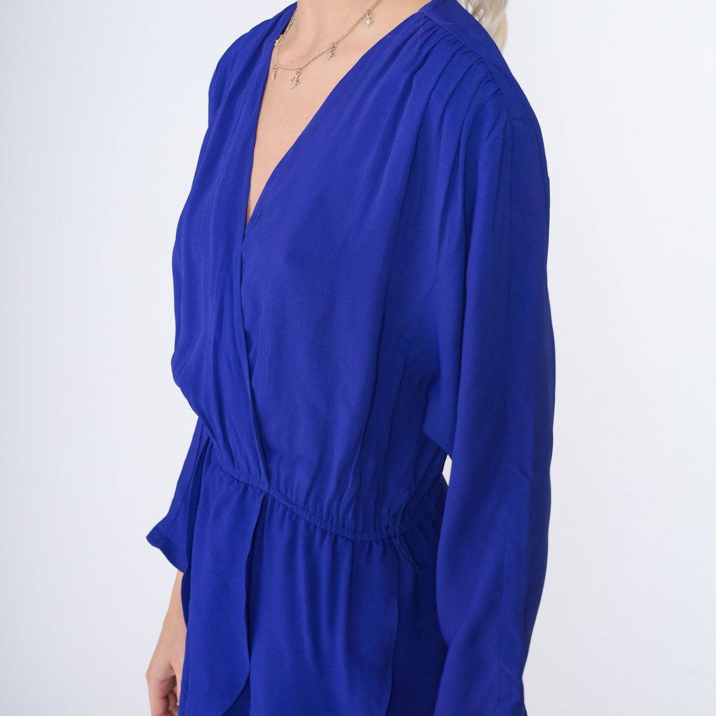 90s Blue Mini Dress Faux Wrap High Waisted Long Sleeve V Neck Small S