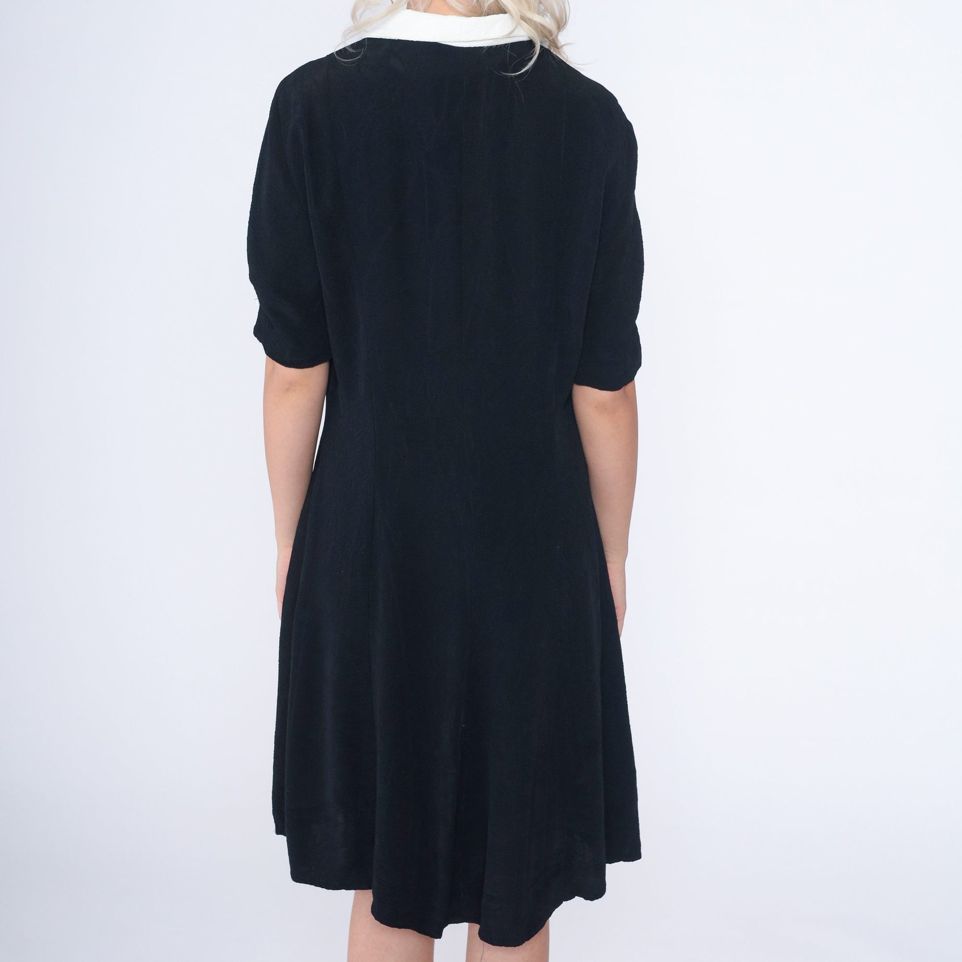 90s Black and White Button-Up Mini Dress Short Sleeve Shift Medium M