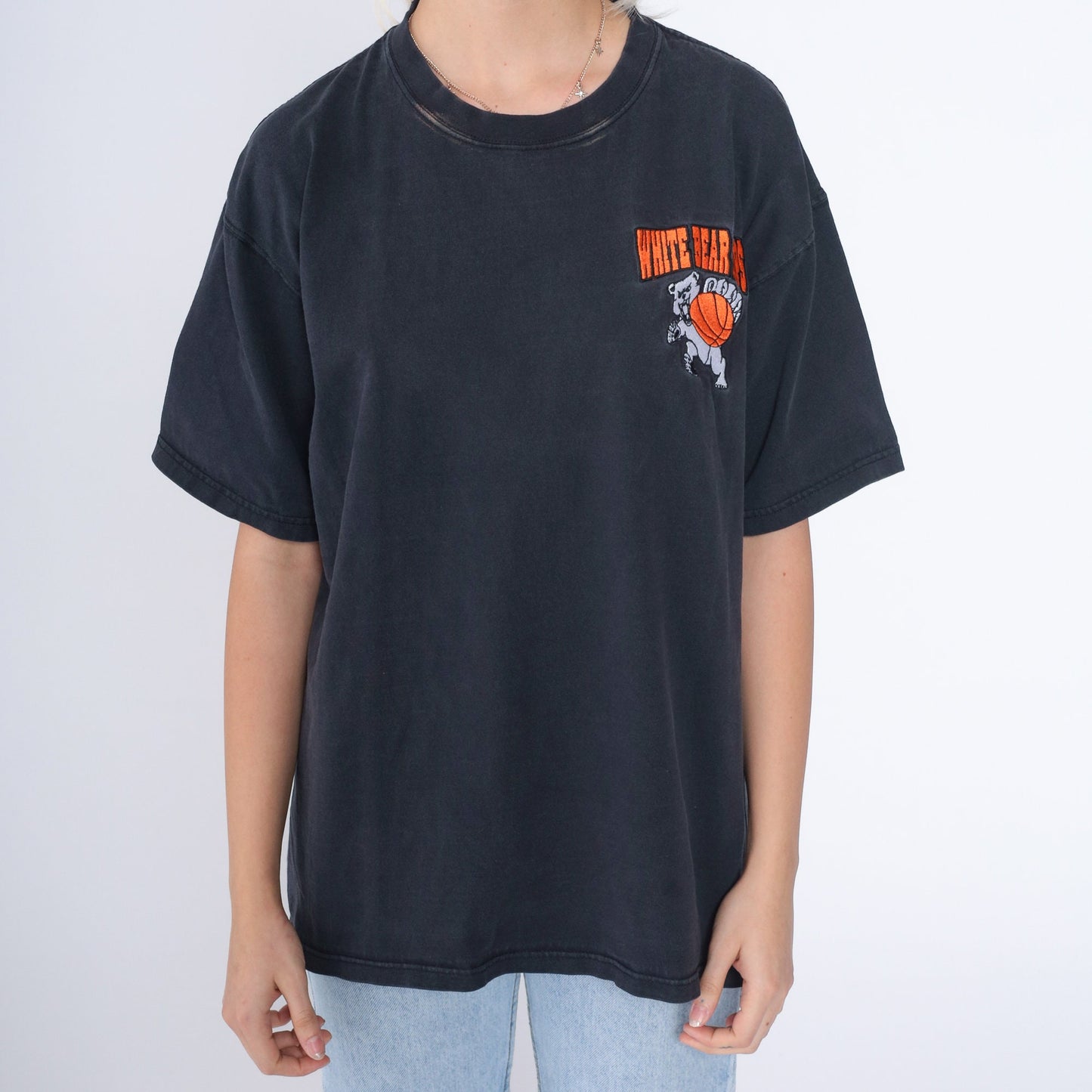 90s White Bear Hoops Basketball T-Shirt Embroidered Logo Black Large L