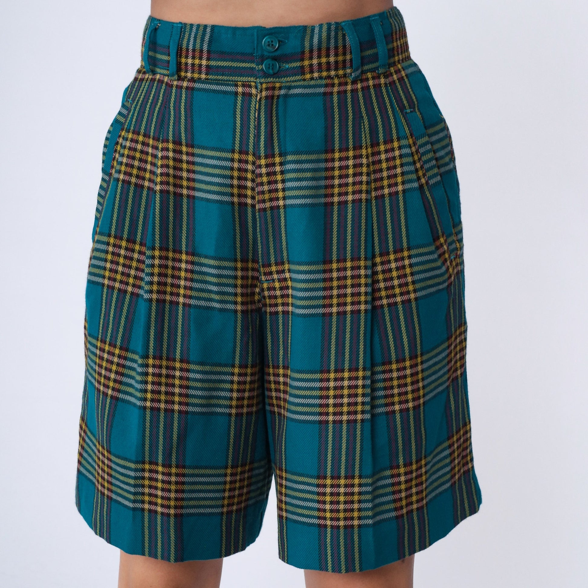 90s Blue Plaid High Waist Pleated Shorts Knee Length Small