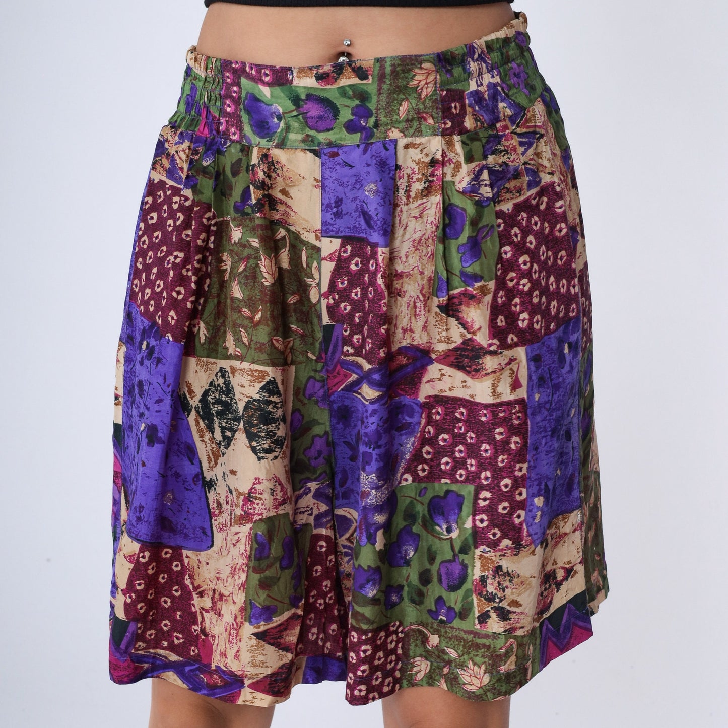 90s Silk Patchwork Floral Pleated Shorts High Waist Wide Leg Small