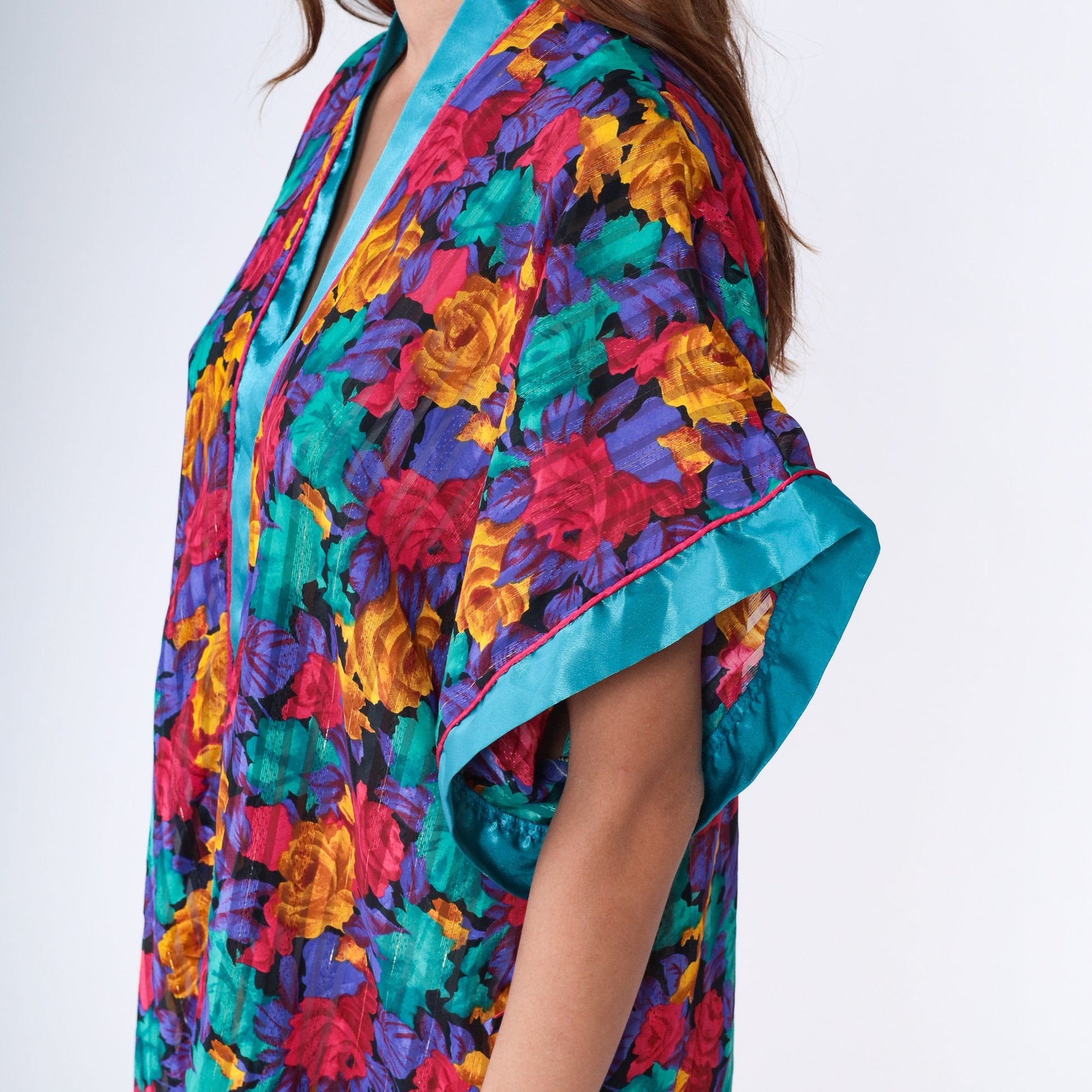00s Floral Metallic Satin Kimono Robe Mini Open Front Medium M