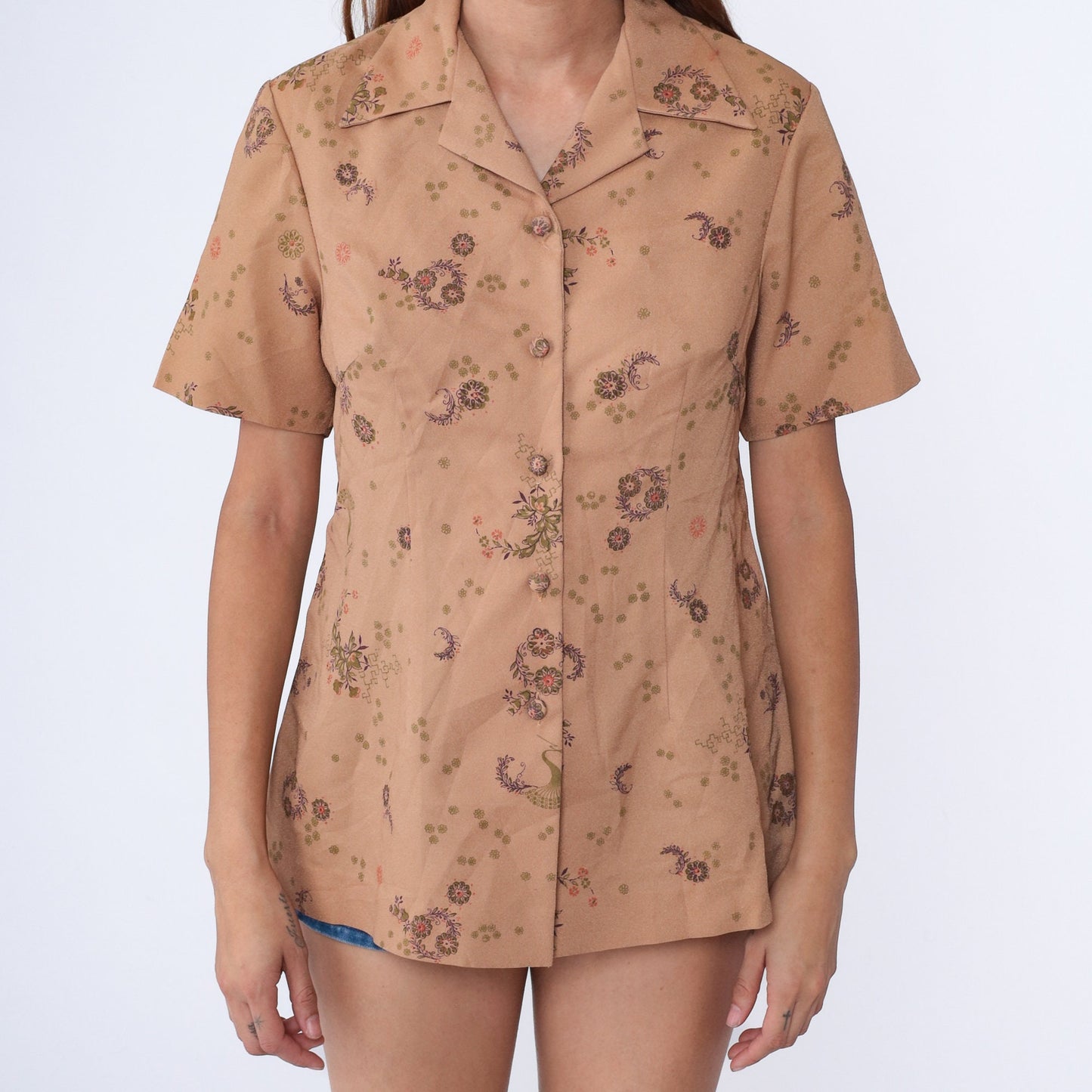 70s Floral Feather Print Button Up Blouse Tan Dagger Collar Short Sleeve Medium