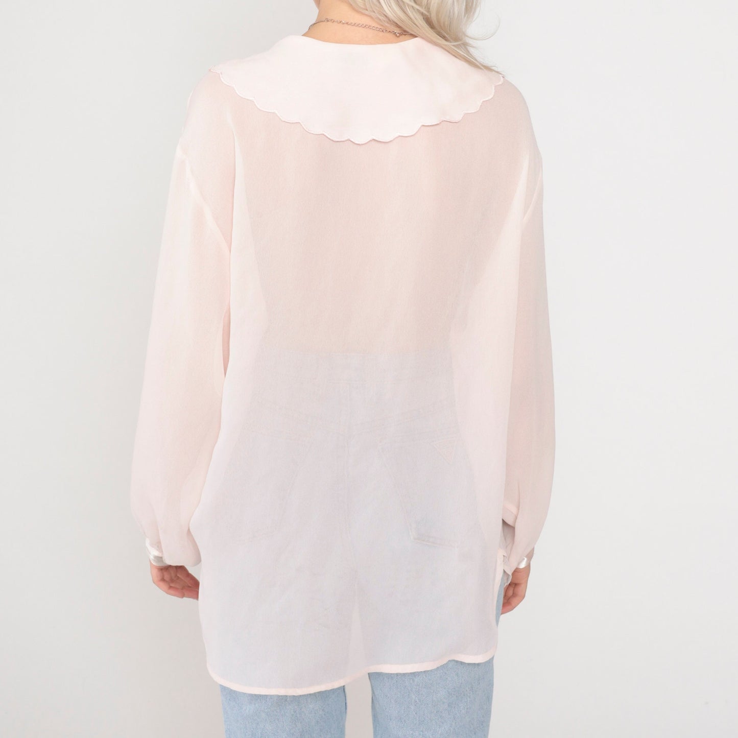 90s Pink Beaded Floral Scalloped Collar Button-Up Blouse Long Sleeve Extra Large XL