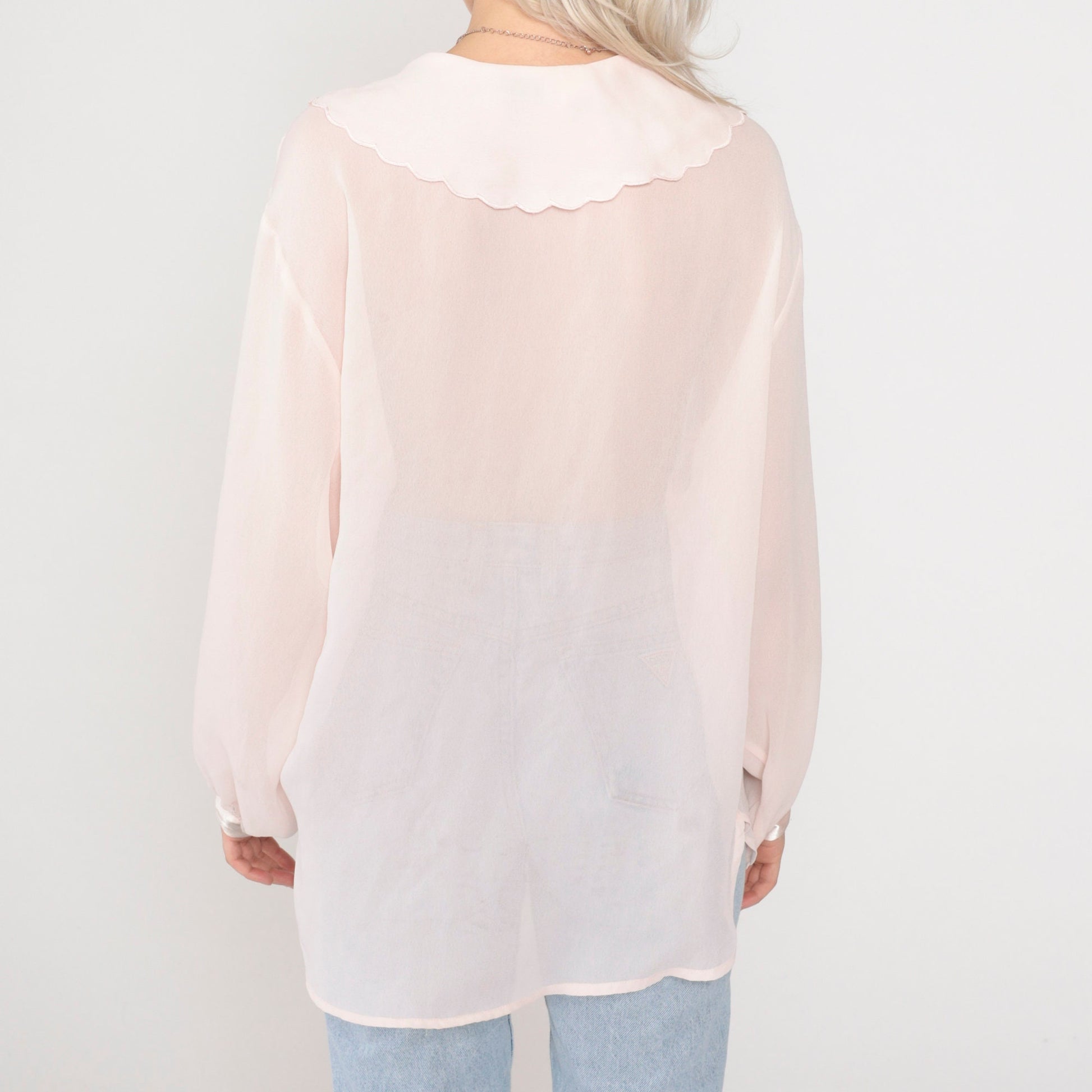 90s Pink Beaded Floral Scalloped Collar Button-Up Blouse Long Sleeve Extra Large XL