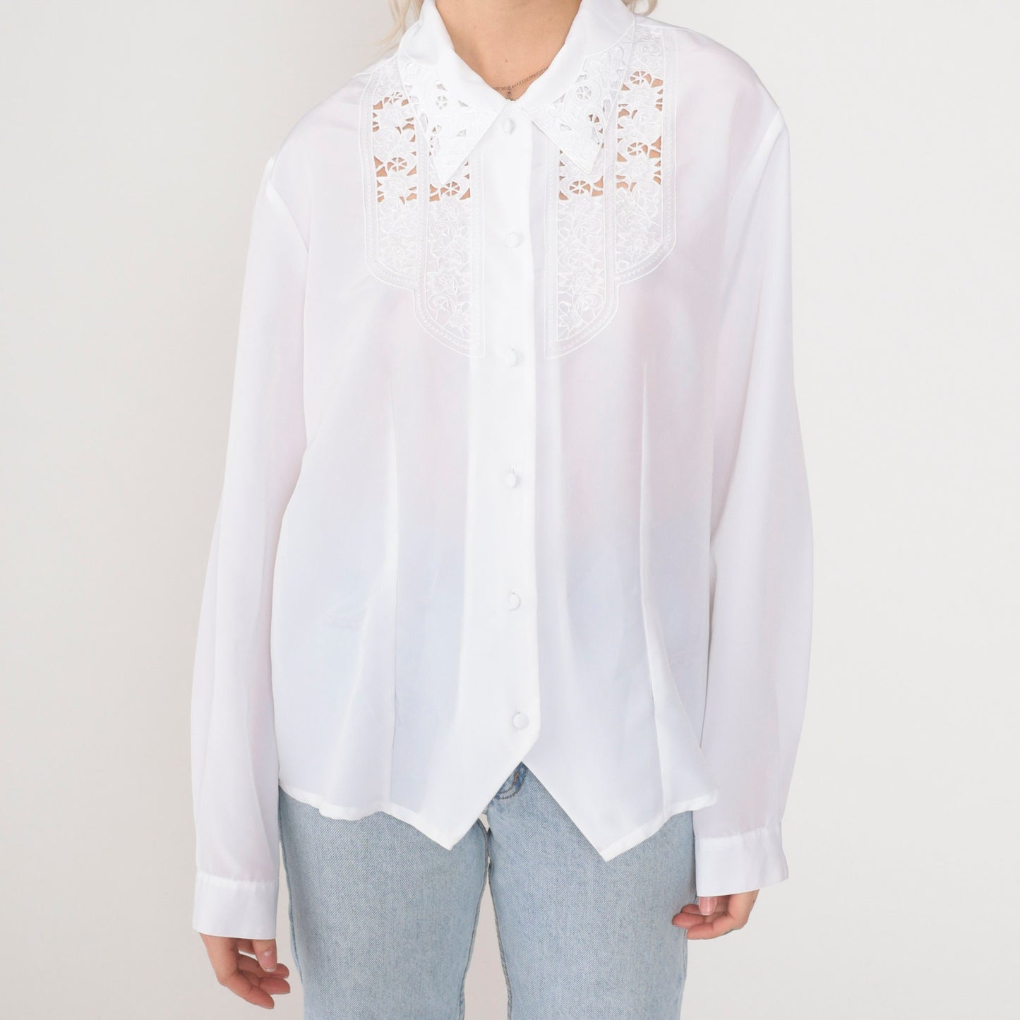 90s White Floral Embroidered Cutwork Blouse Long Sleeve Button Up Large L
