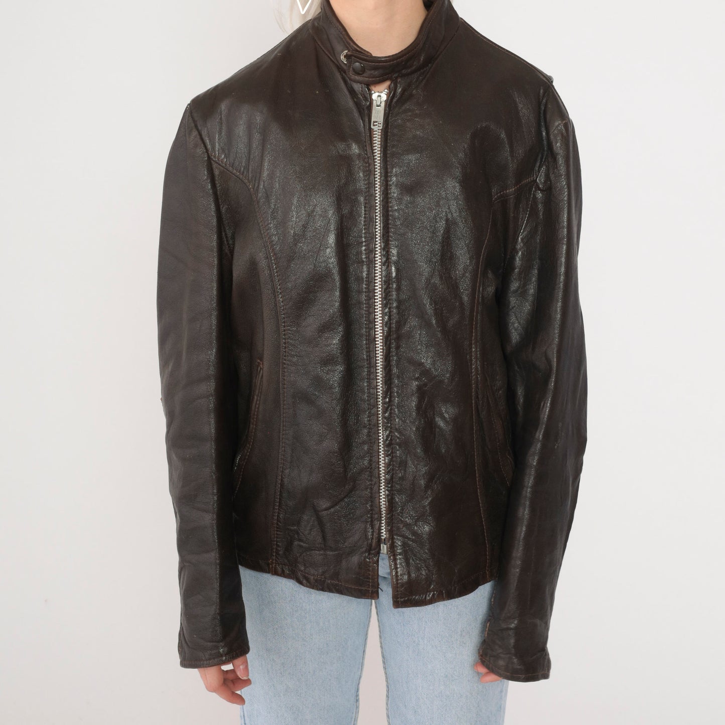 70s Dark Brown Leather Moto Jacket Zip Front Removable Lining Small S