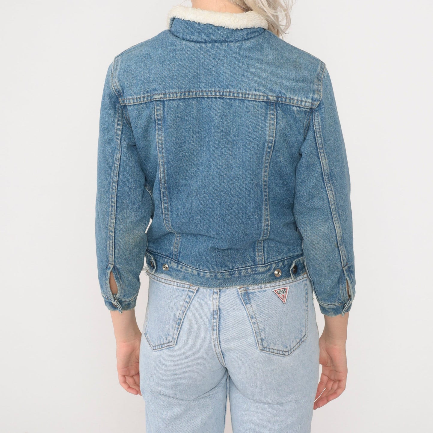 90s The Gap Denim Sherpa Jacket Blue Cropped Snap Jean Coat XXS
