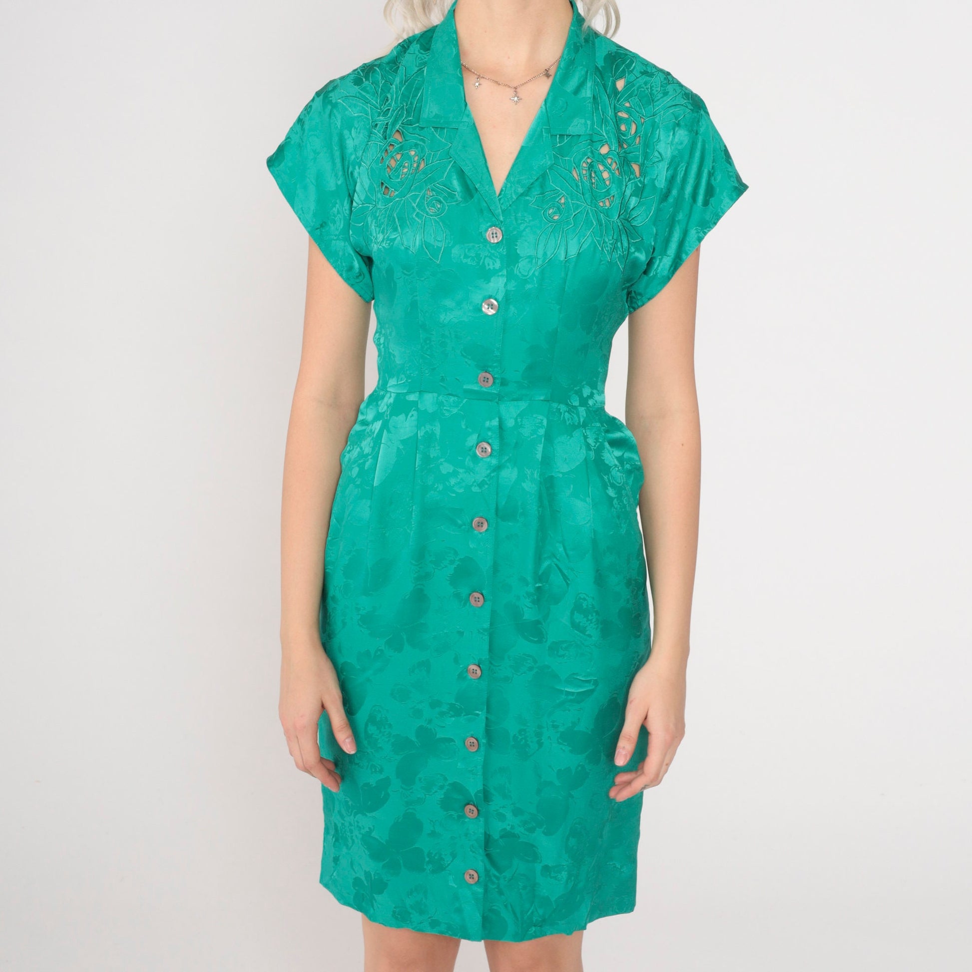 90s Lauren Alexandra Petites Green Silk Floral Mini Dress Cutwork Button-Up XS