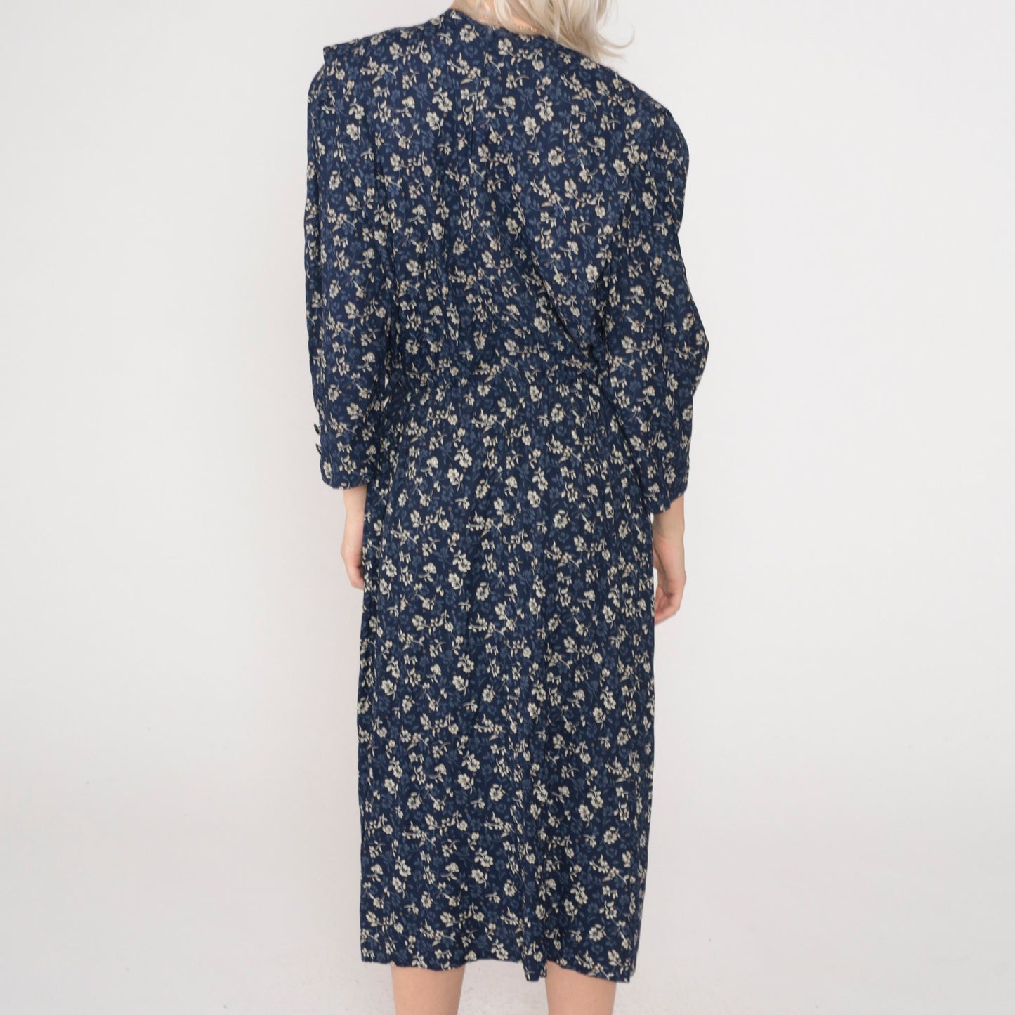 90s Navy Floral Midi Dress Puff Sleeve V-Neck Lace Medium