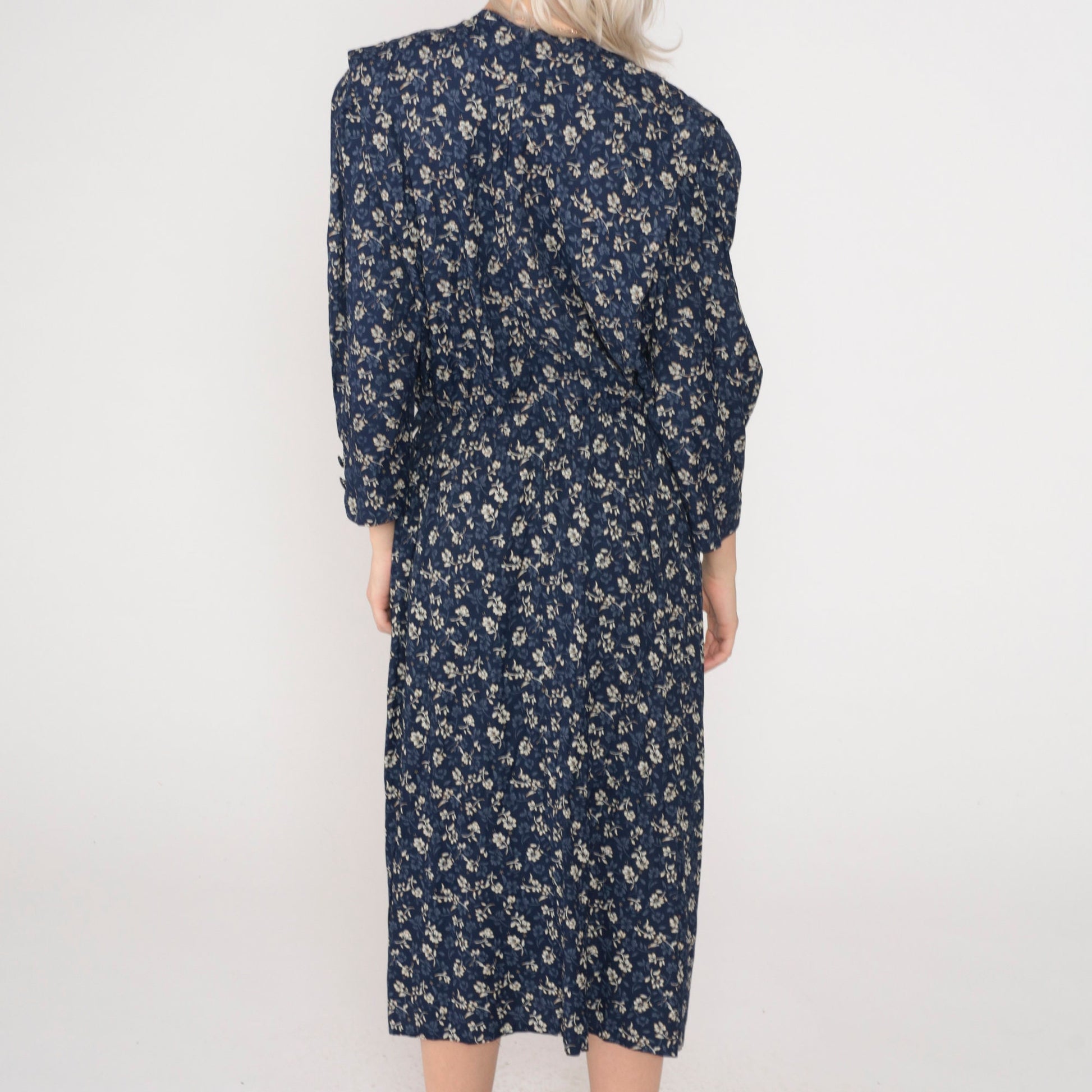 90s Navy Floral Midi Dress Puff Sleeve V-Neck Lace Medium