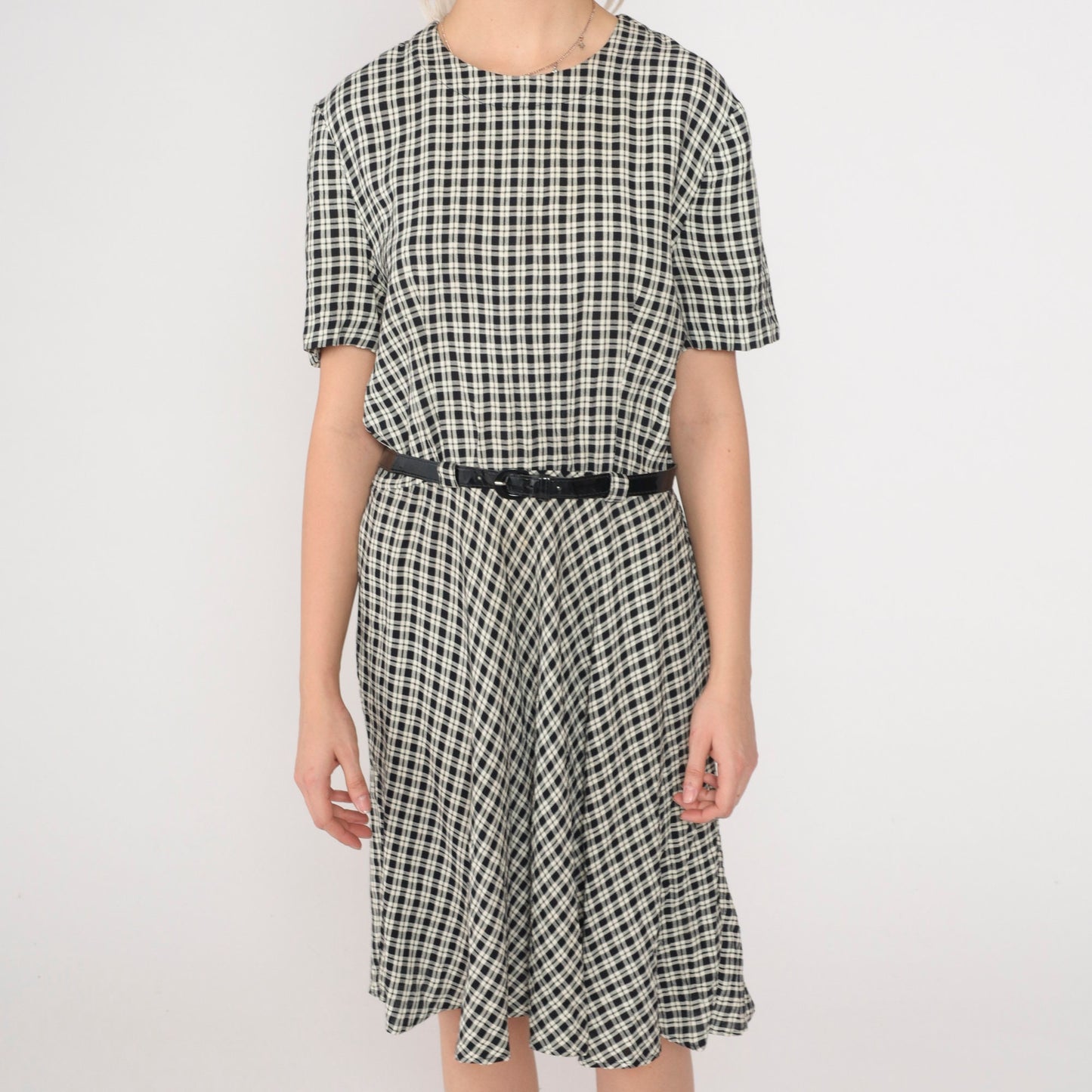 90s Black Cream Checkered Mini Dress High Waist Belted Short Sleeve Small Medium