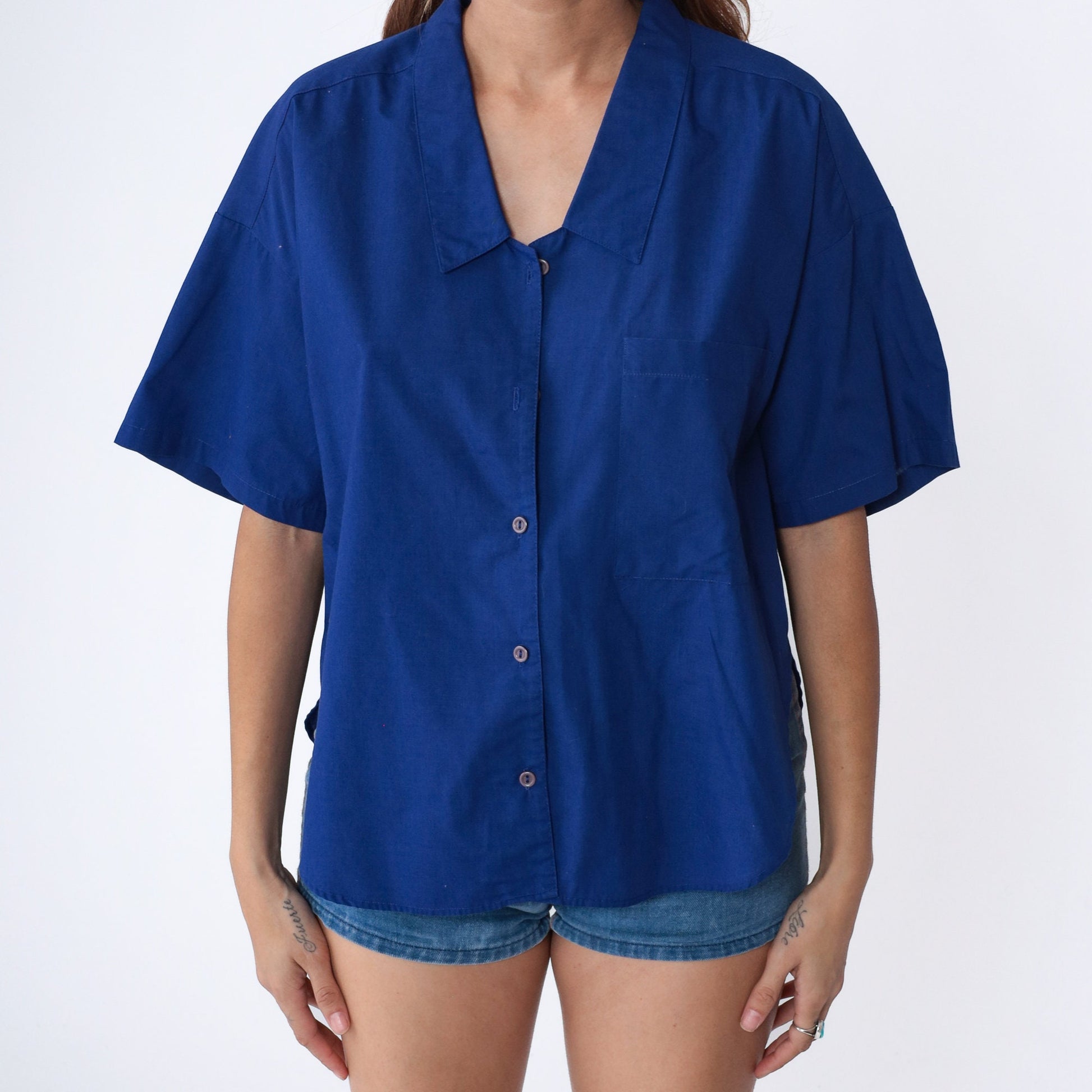 80s Royal Blue Button-Up Blouse Short Sleeve Chest Pocket Collared Large L