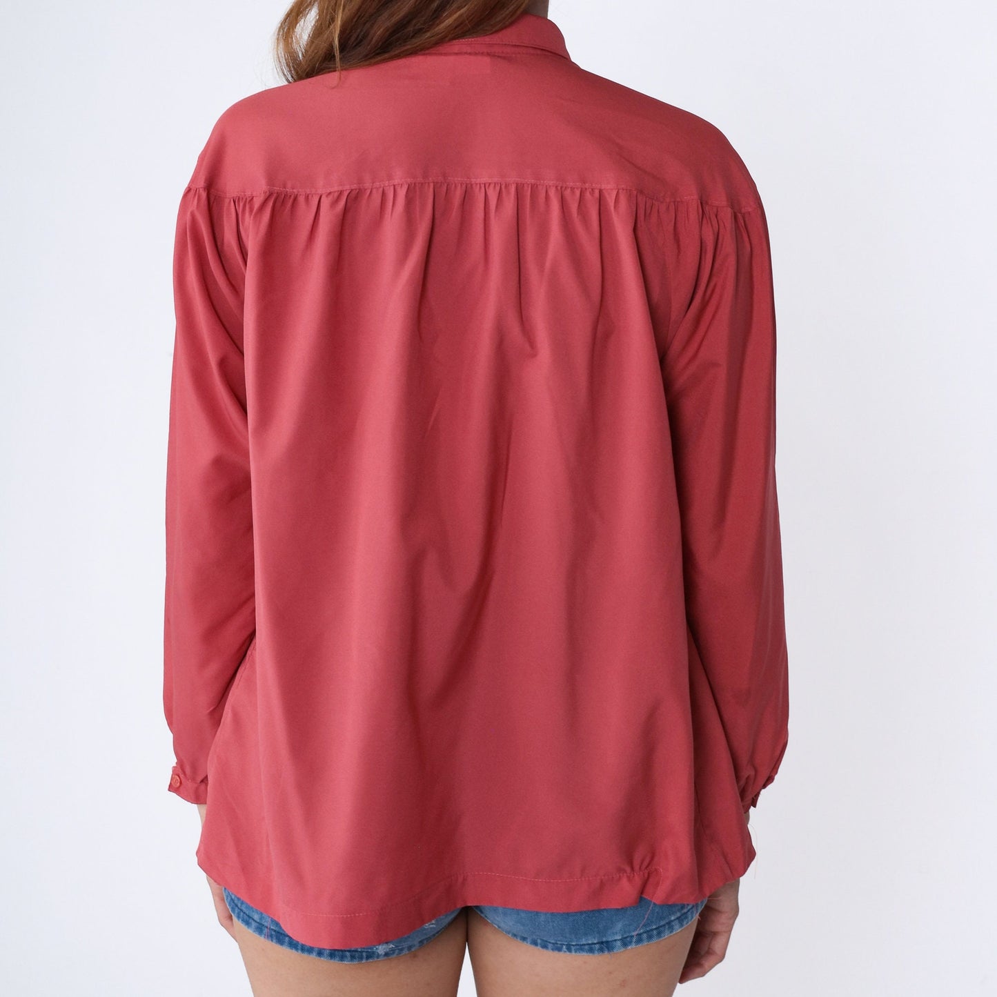 70s Dark Coral Pink Button-Up Blouse Peter Pan Collar Long Sleeve Medium